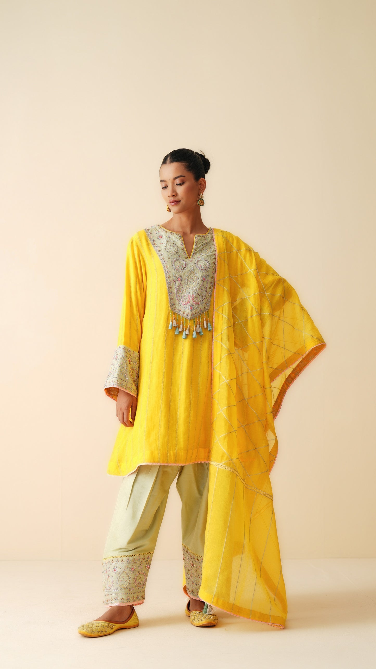 Mul Chanderi Embroidered Short Suit with Cotton Silk Bottom