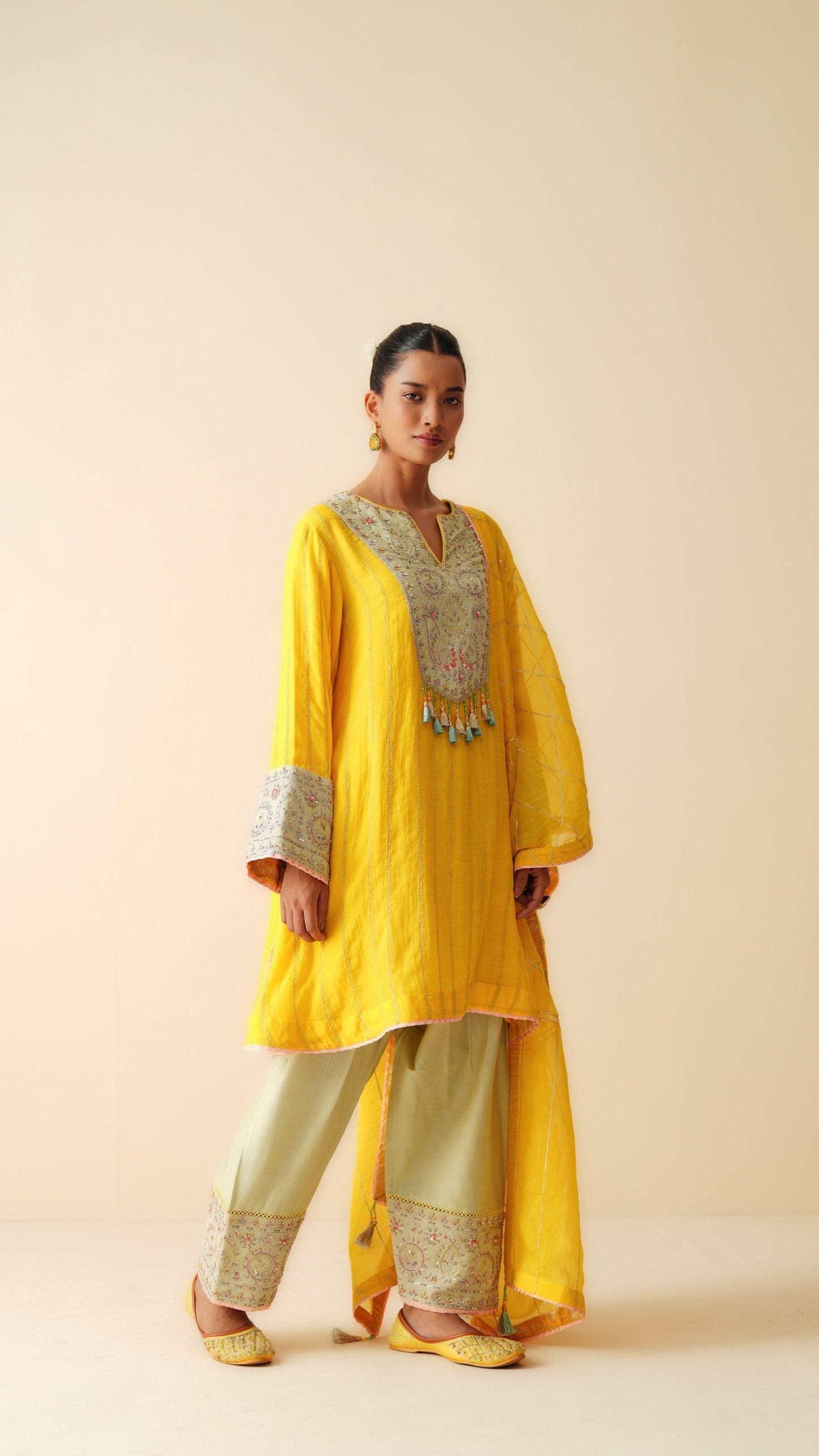 Mul Chanderi Embroidered Short Suit with Cotton Silk Bottom