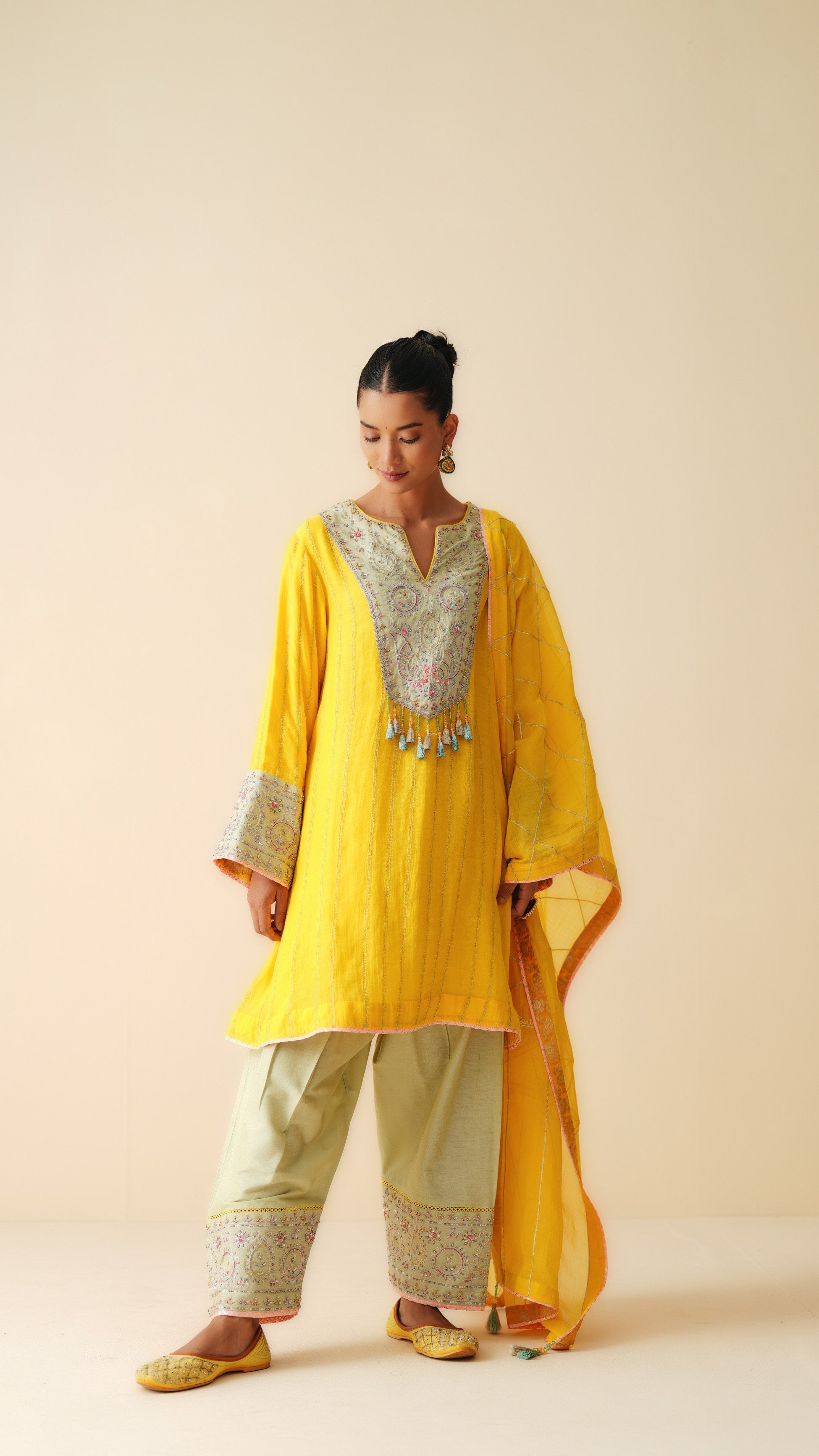 Mul Chanderi Embroidered Short Suit with Cotton Silk Bottom