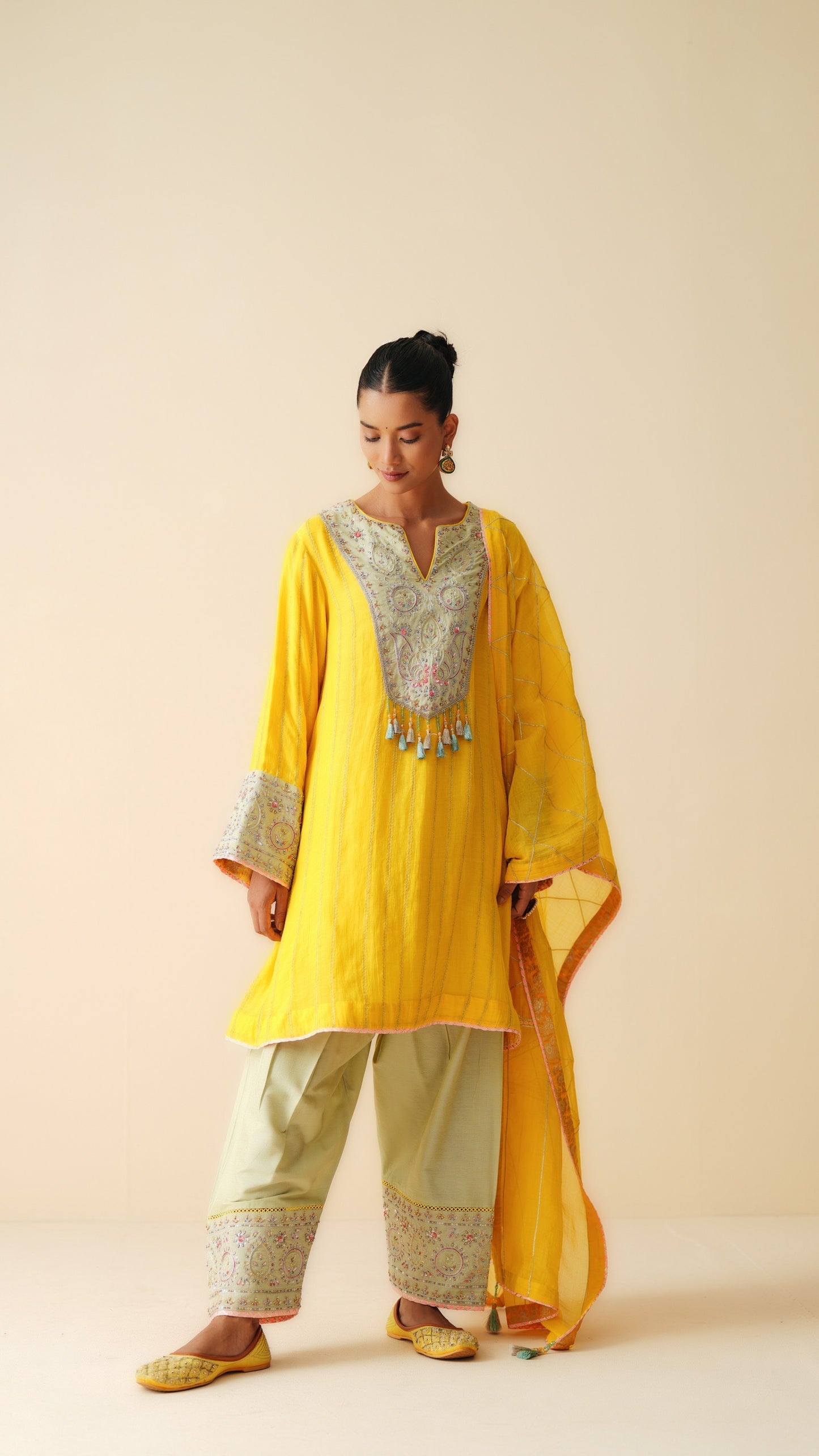 Mul Chanderi Embroidered Short Suit with Cotton Silk Bottom