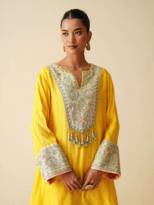 Mul Chanderi Embroidered Short Suit with Cotton Silk Bottom