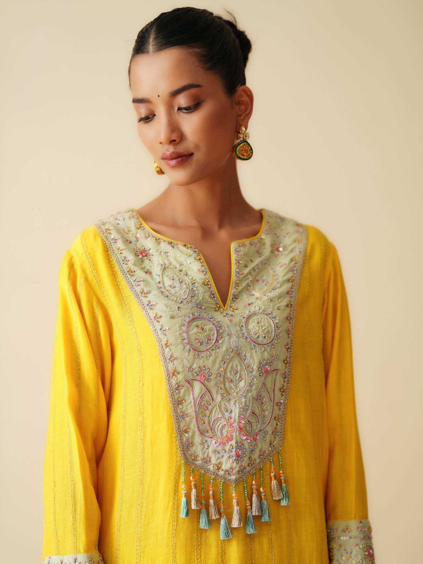 Mul Chanderi Embroidered Short Suit with Cotton Silk Bottom