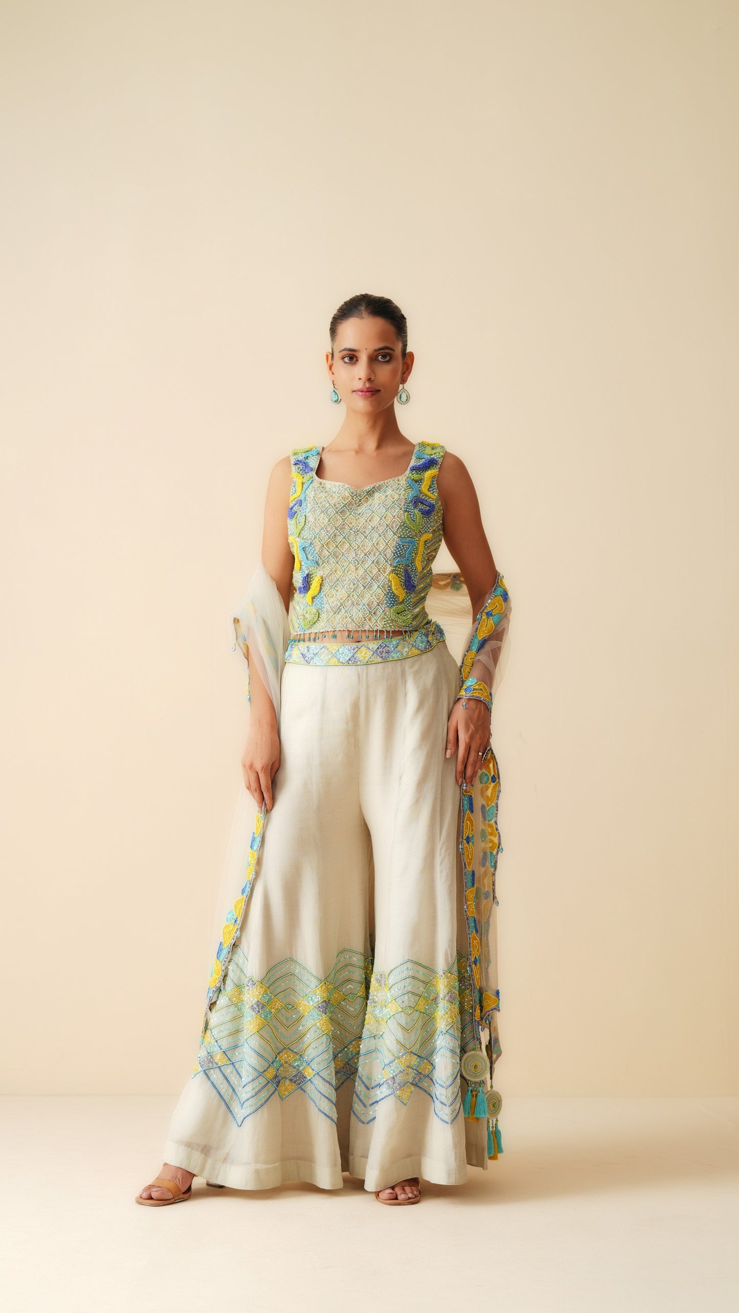 Designer Tissue Chanderi Sharara Set with Blouse and Net Dupatta