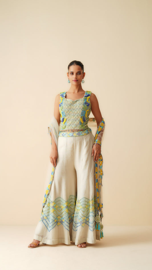 Designer Tissue Chanderi Sharara Set with Blouse and Net Dupatta