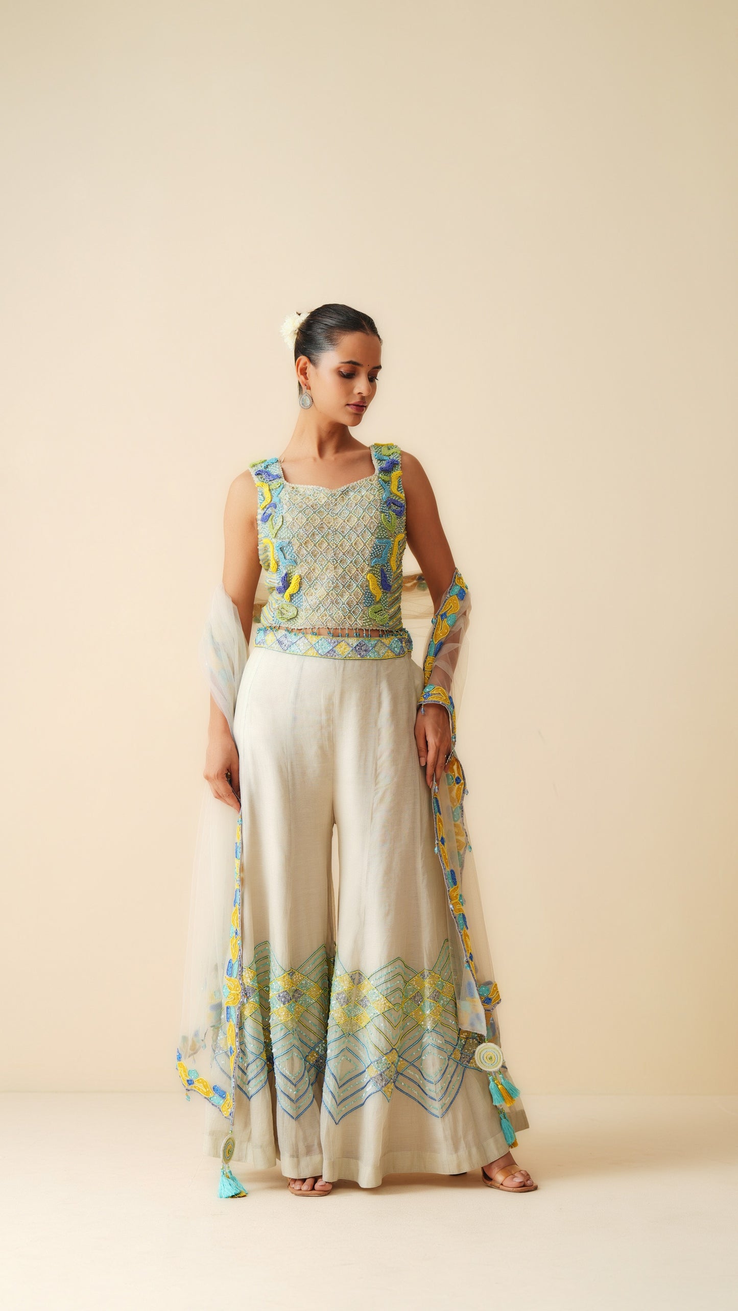Designer Tissue Chanderi Sharara Set with Blouse and Net Dupatta