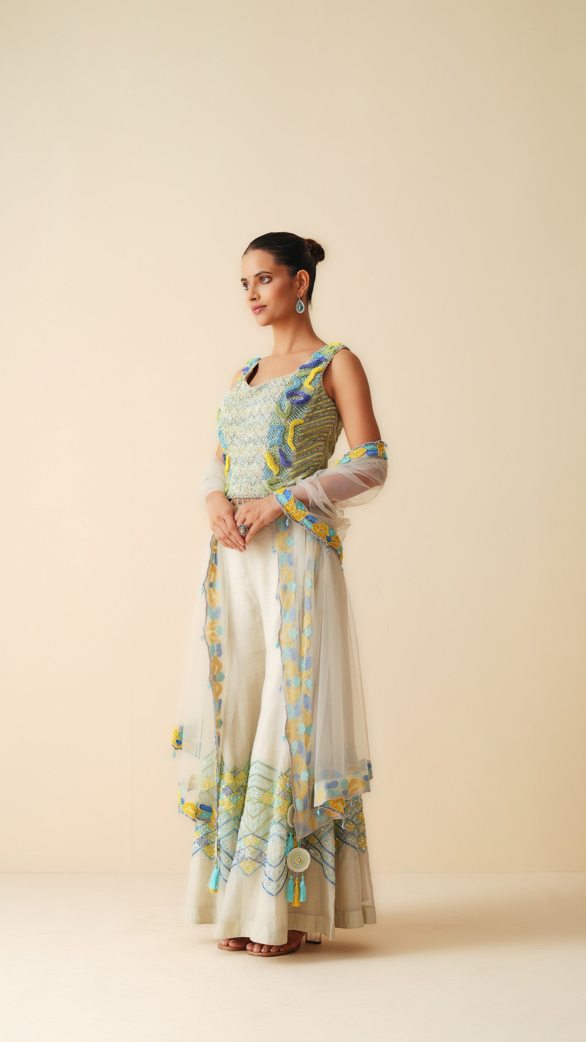 Designer Tissue Chanderi Sharara Set with Blouse and Net Dupatta