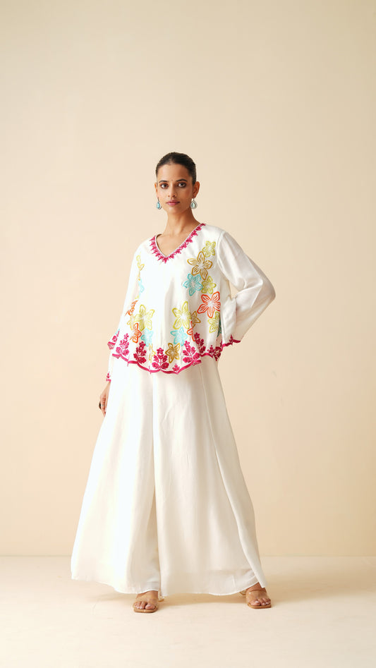 Designer Off White Frock Style Cord-Set in Muslin Silk