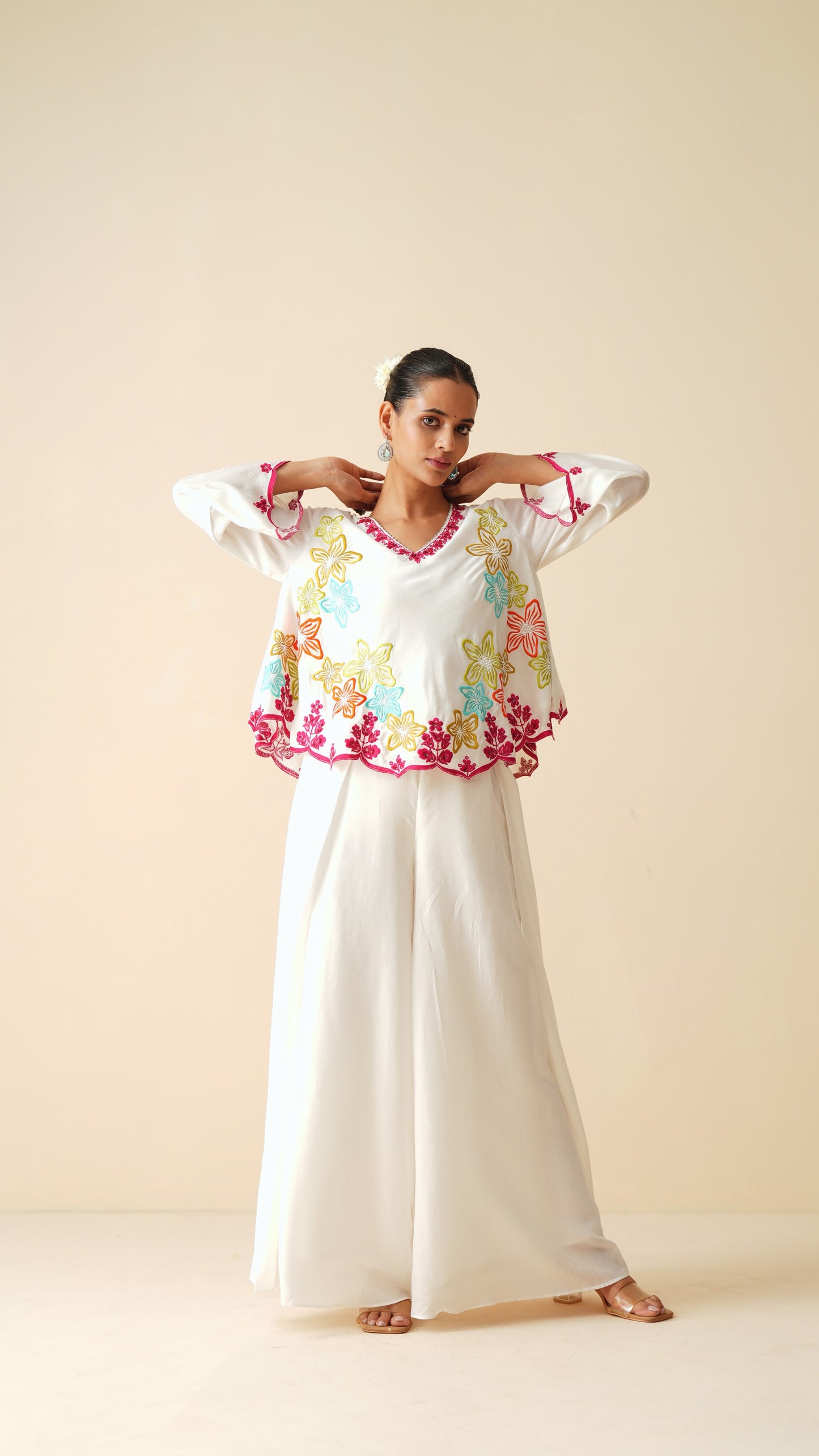 Designer Off White Frock Style Cord-Set in Muslin Silk