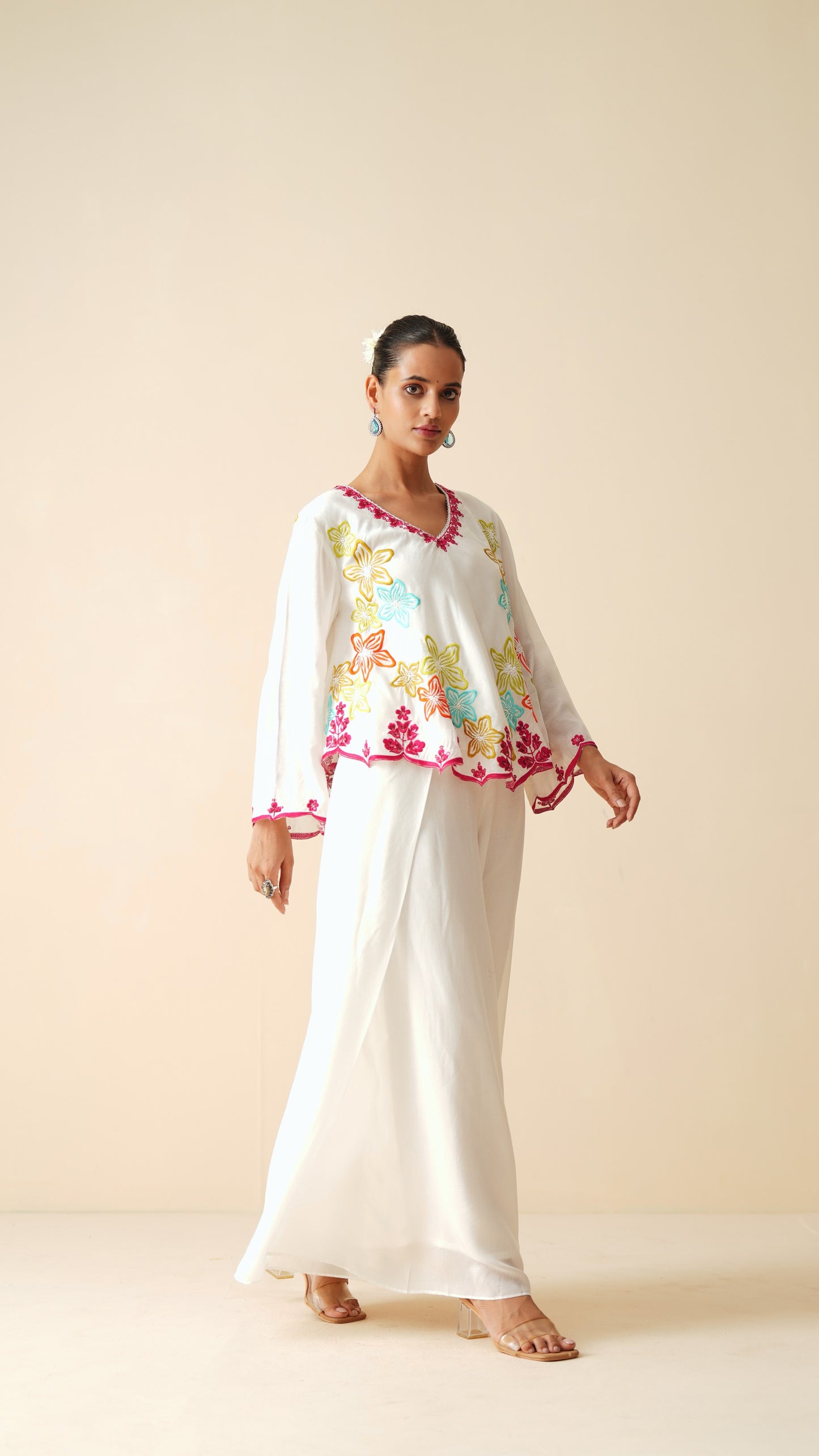 Designer Off White Frock Style Cord-Set in Muslin Silk