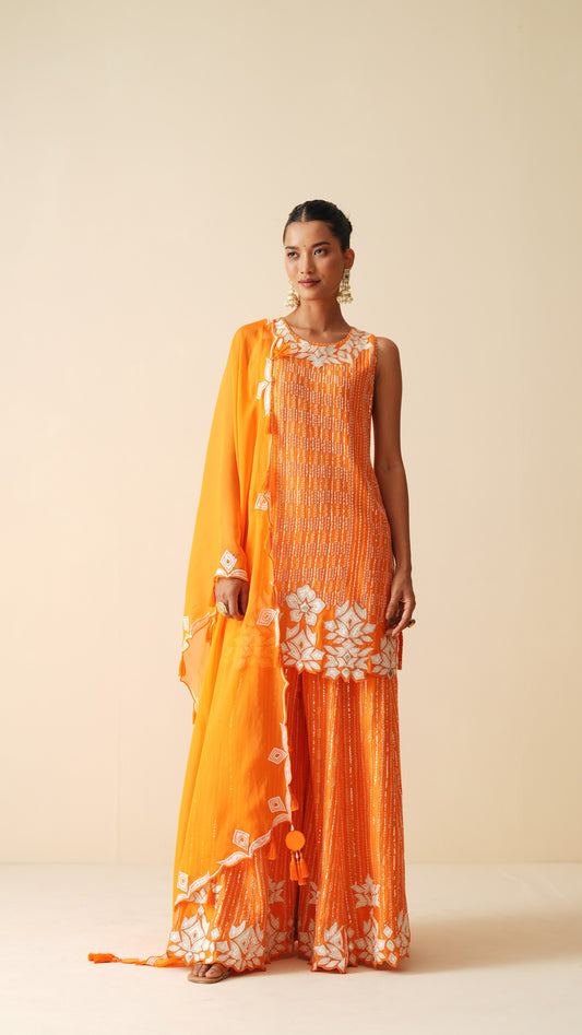 Designer Orange Sharara Set for Women in Chanderi Silk & Organza Dupatta