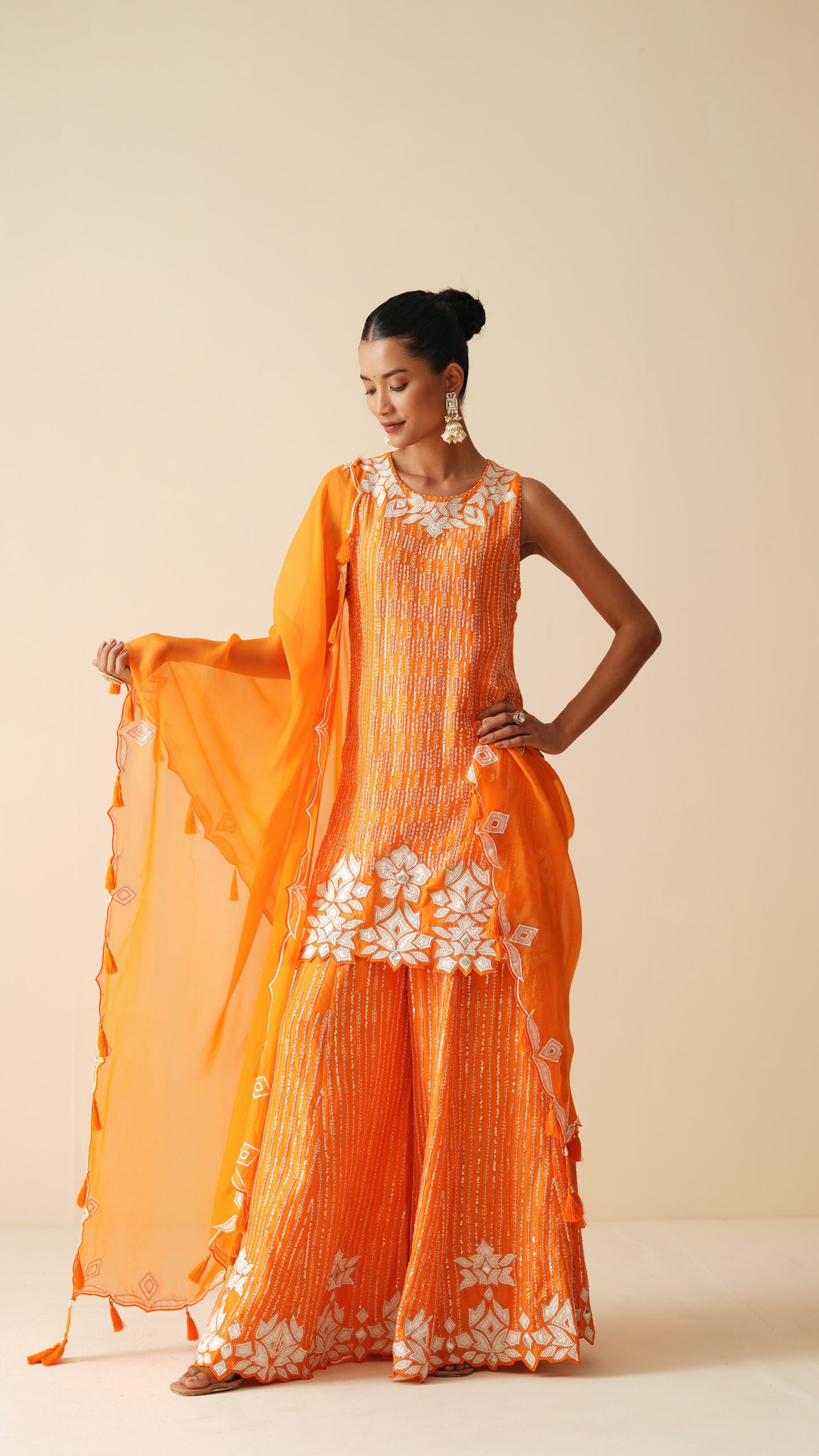 Designer Orange Sharara Set for Women in Chanderi Silk & Organza Dupatta
