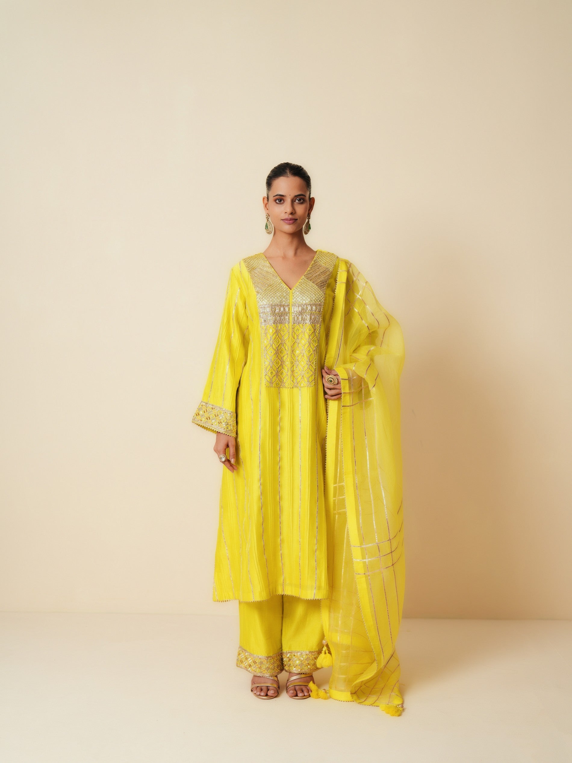 Yellow Chanderi Suit with Gota Work and Pure Organza Dupatta