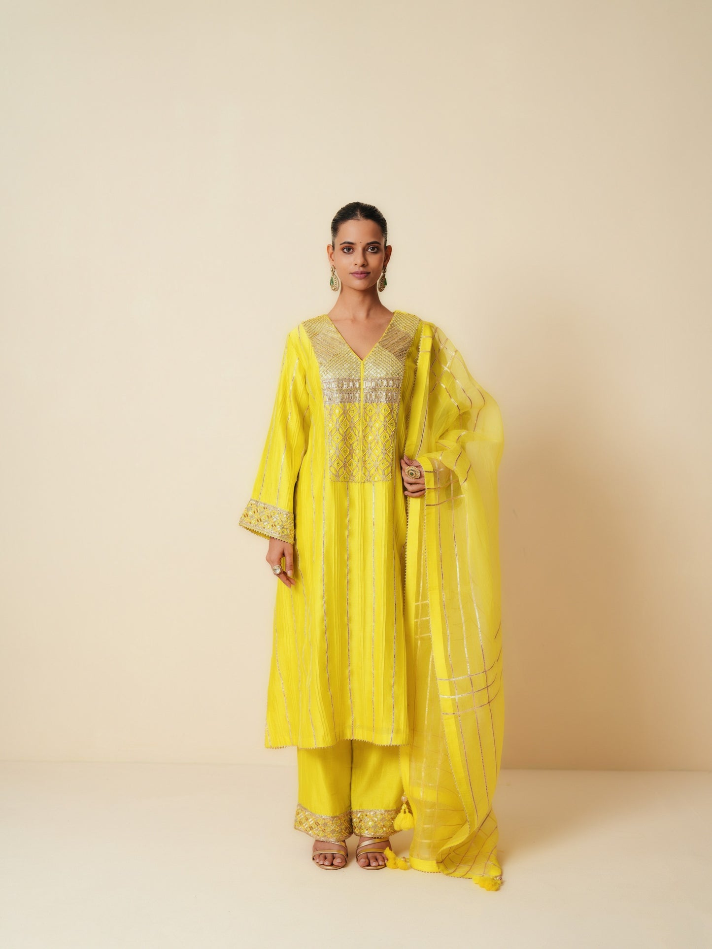 Yellow Chanderi Suit with Gota Work and Pure Organza Dupatta