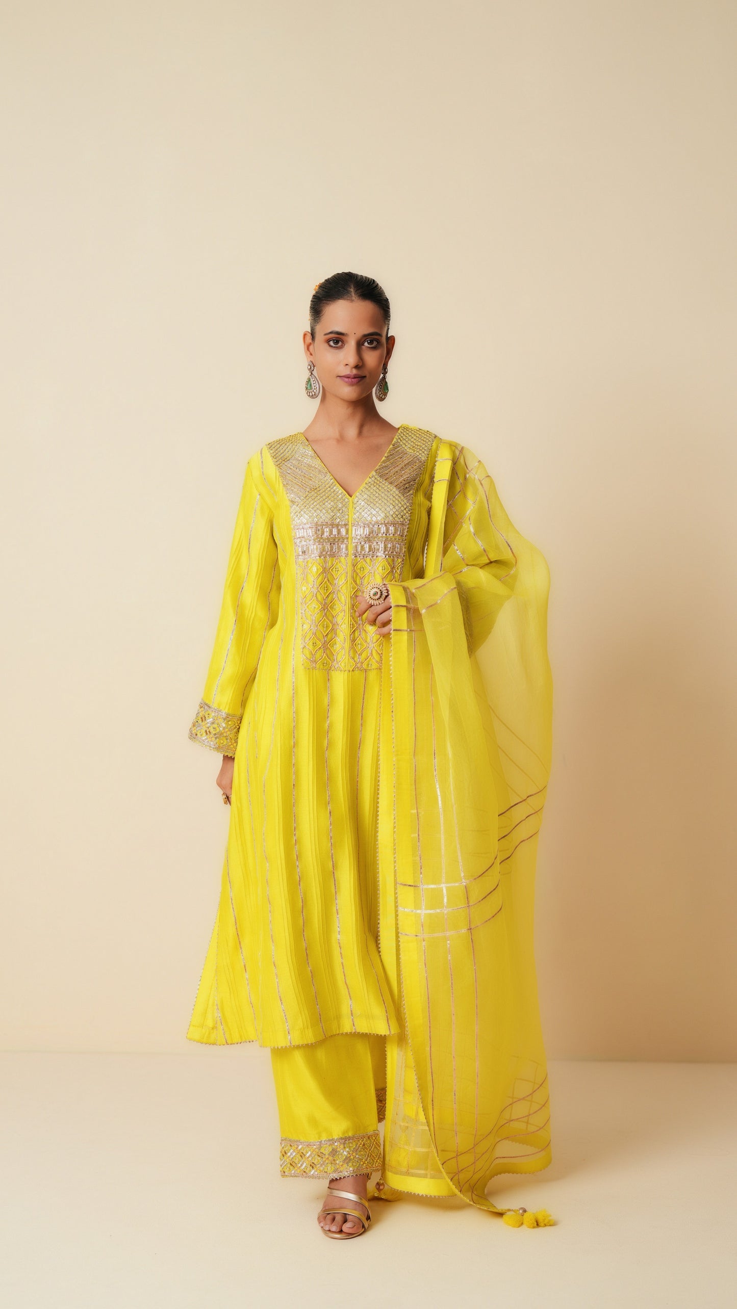 Yellow Chanderi Suit with Gota Work and Pure Organza Dupatta