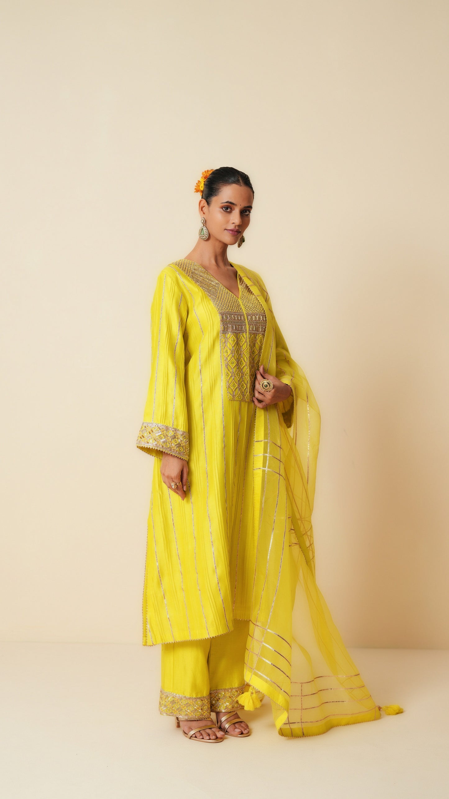 Yellow Chanderi Suit with Gota Work and Pure Organza Dupatta