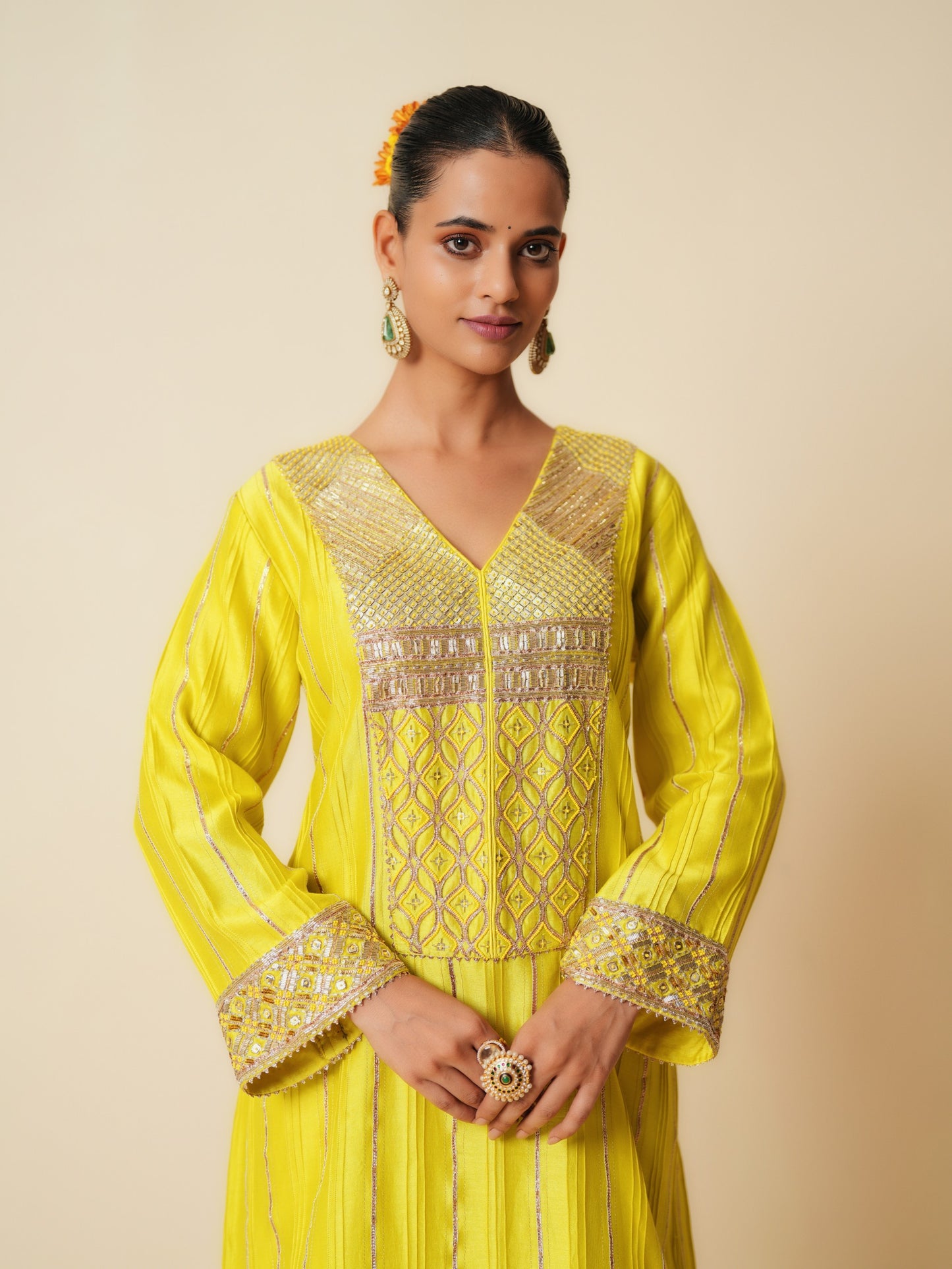 Yellow Chanderi Suit with Gota Work and Pure Organza Dupatta