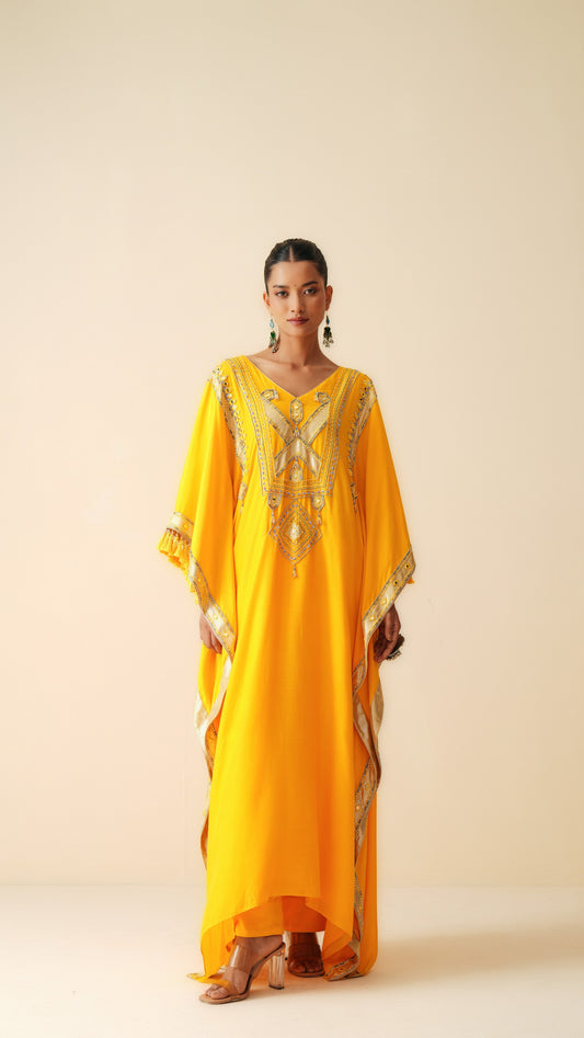 Designer Muslin Kaftan Set for Women in Mustard Orange