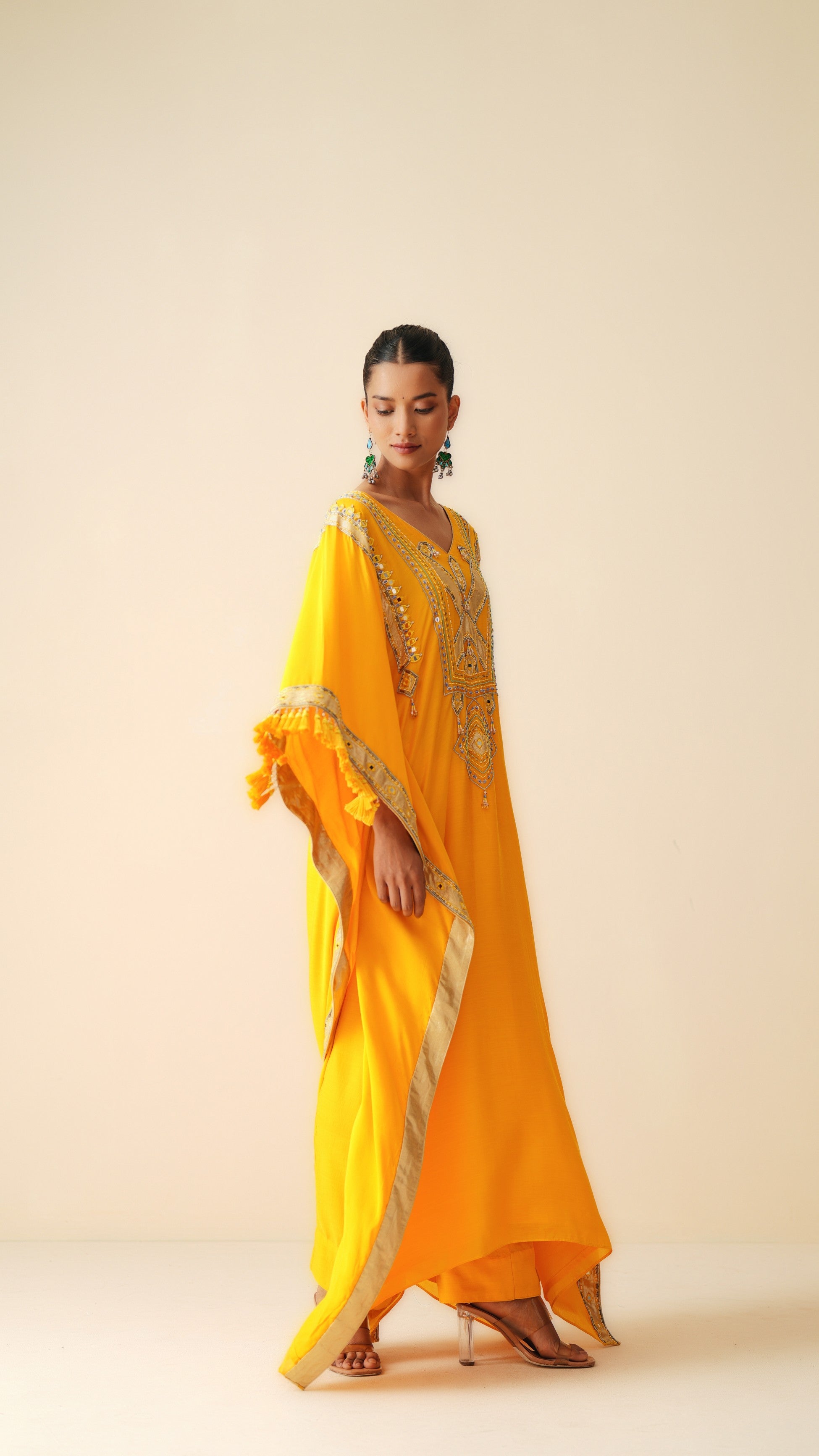 Designer Muslin Kaftan Set for Women in Mustard Orange