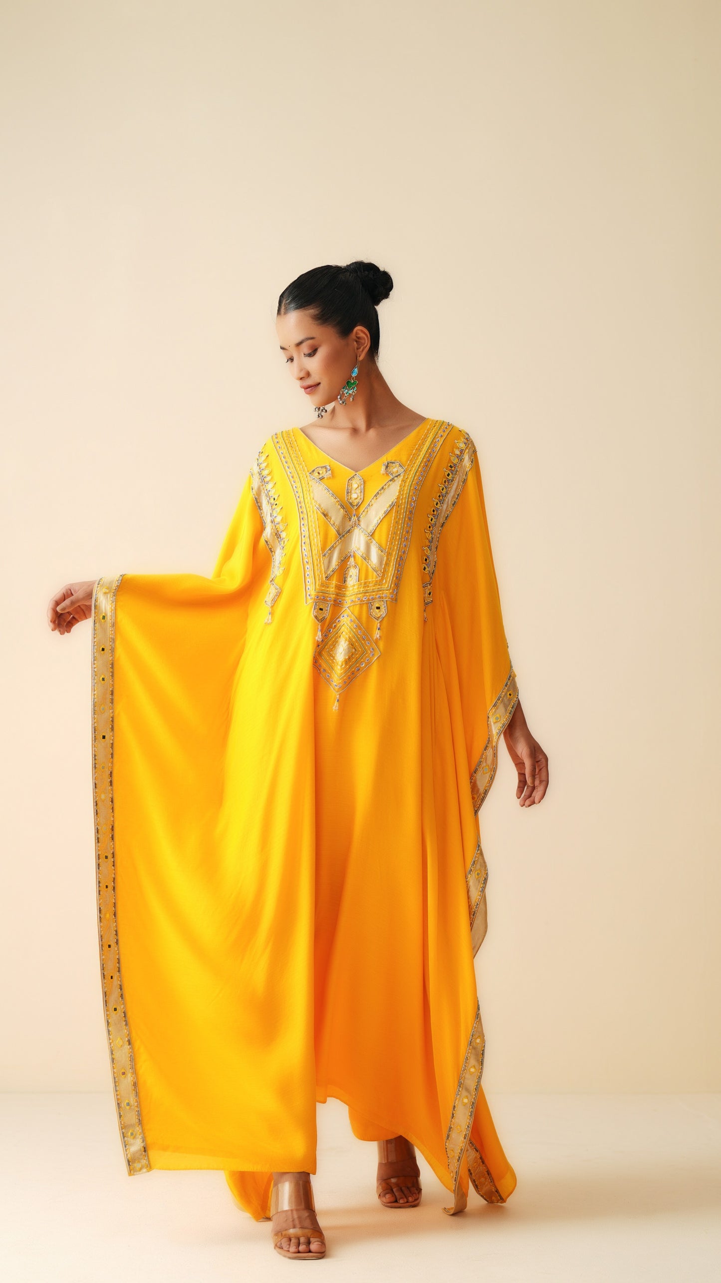 Designer Muslin Kaftan Set for Women in Mustard Orange