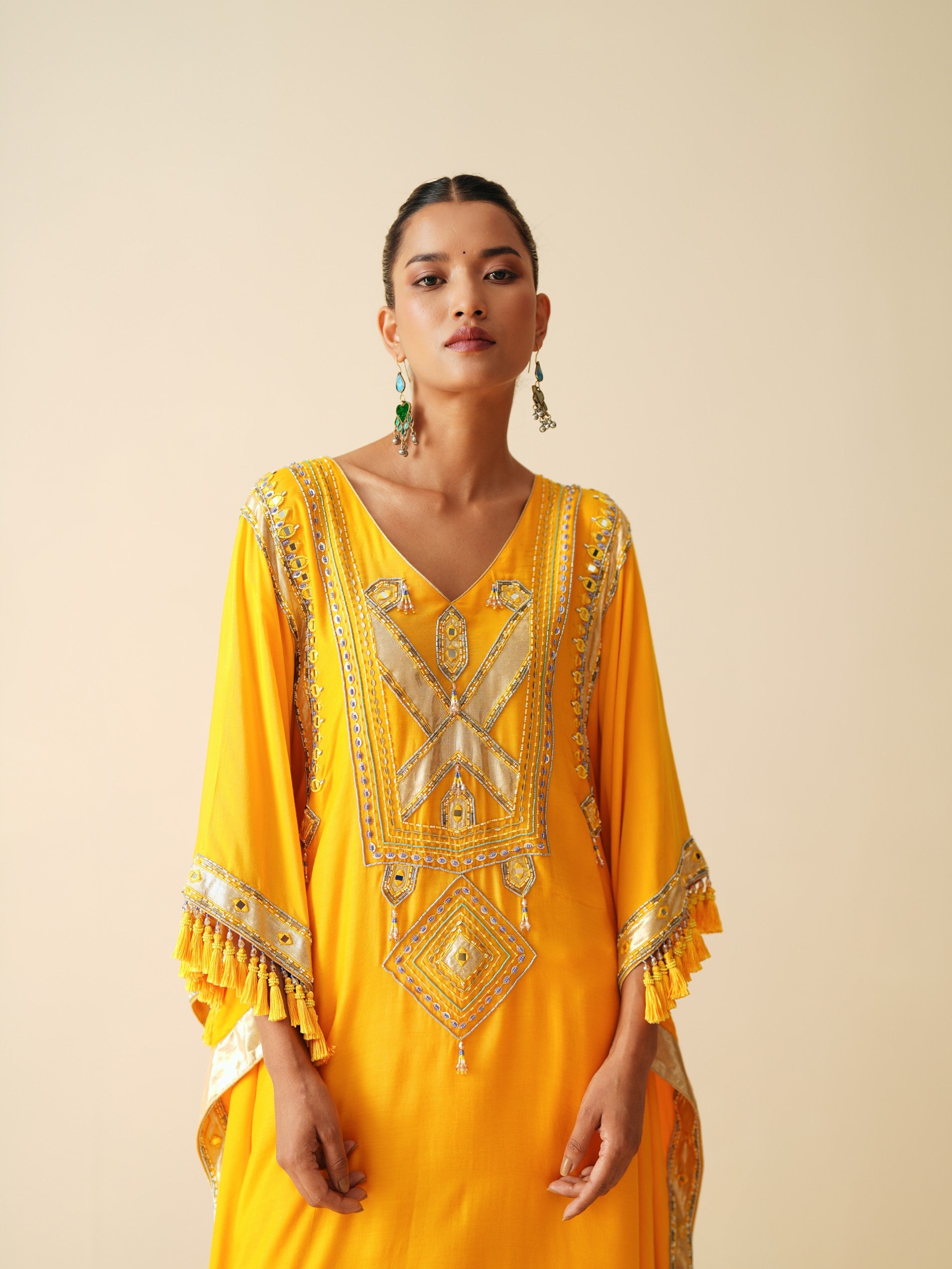 Designer Muslin Kaftan Set for Women in Mustard Orange