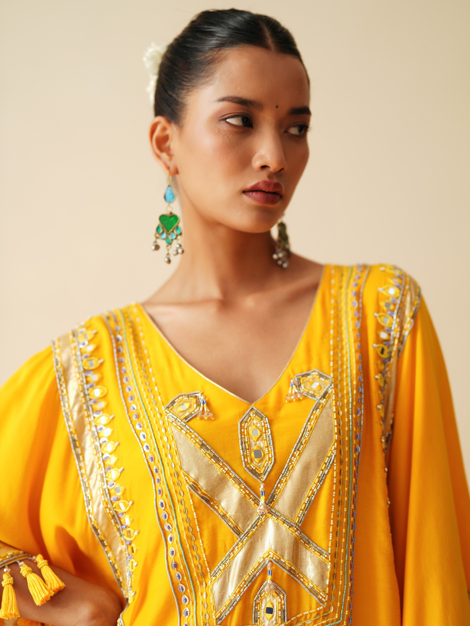 Designer Muslin Kaftan Set for Women in Mustard Orange