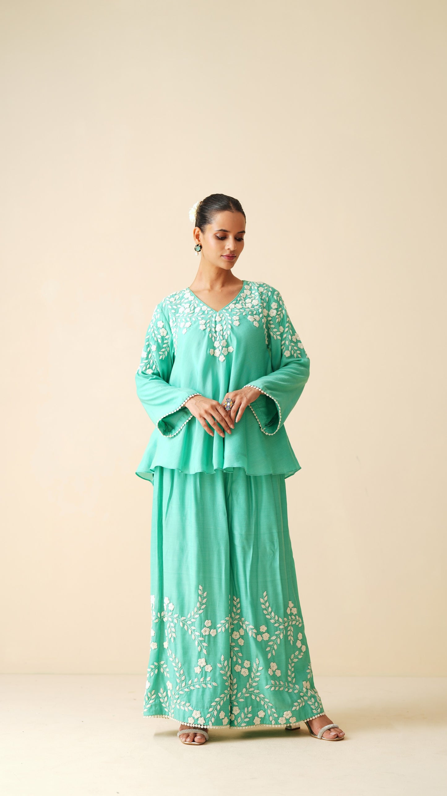 Stylish Sea Green Frock Style Cord Set for Women
