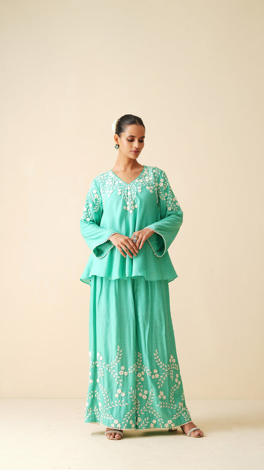 Stylish Sea Green Frock Style Cord Set for Women