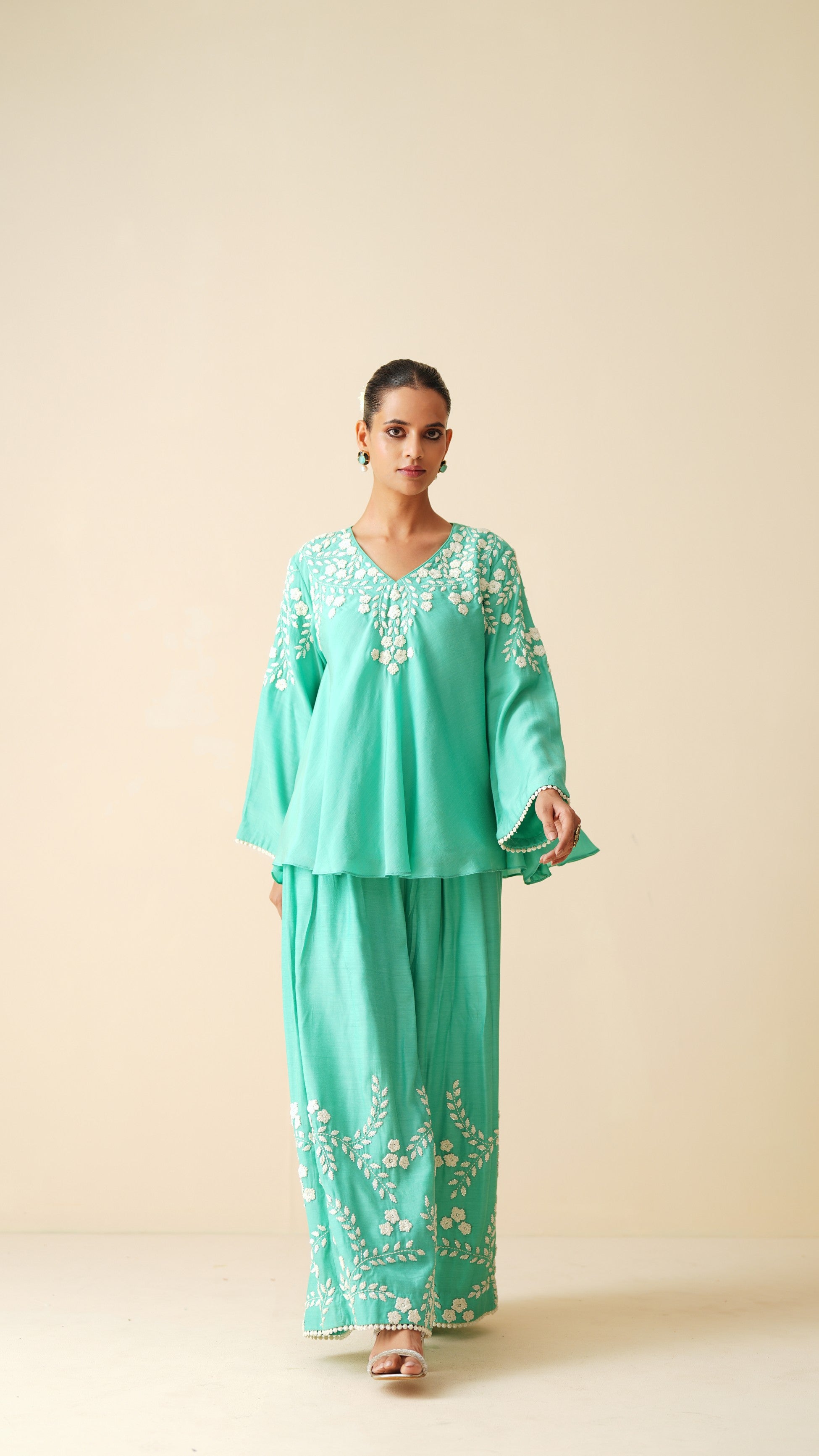 Stylish Sea Green Frock Style Cord Set for Women