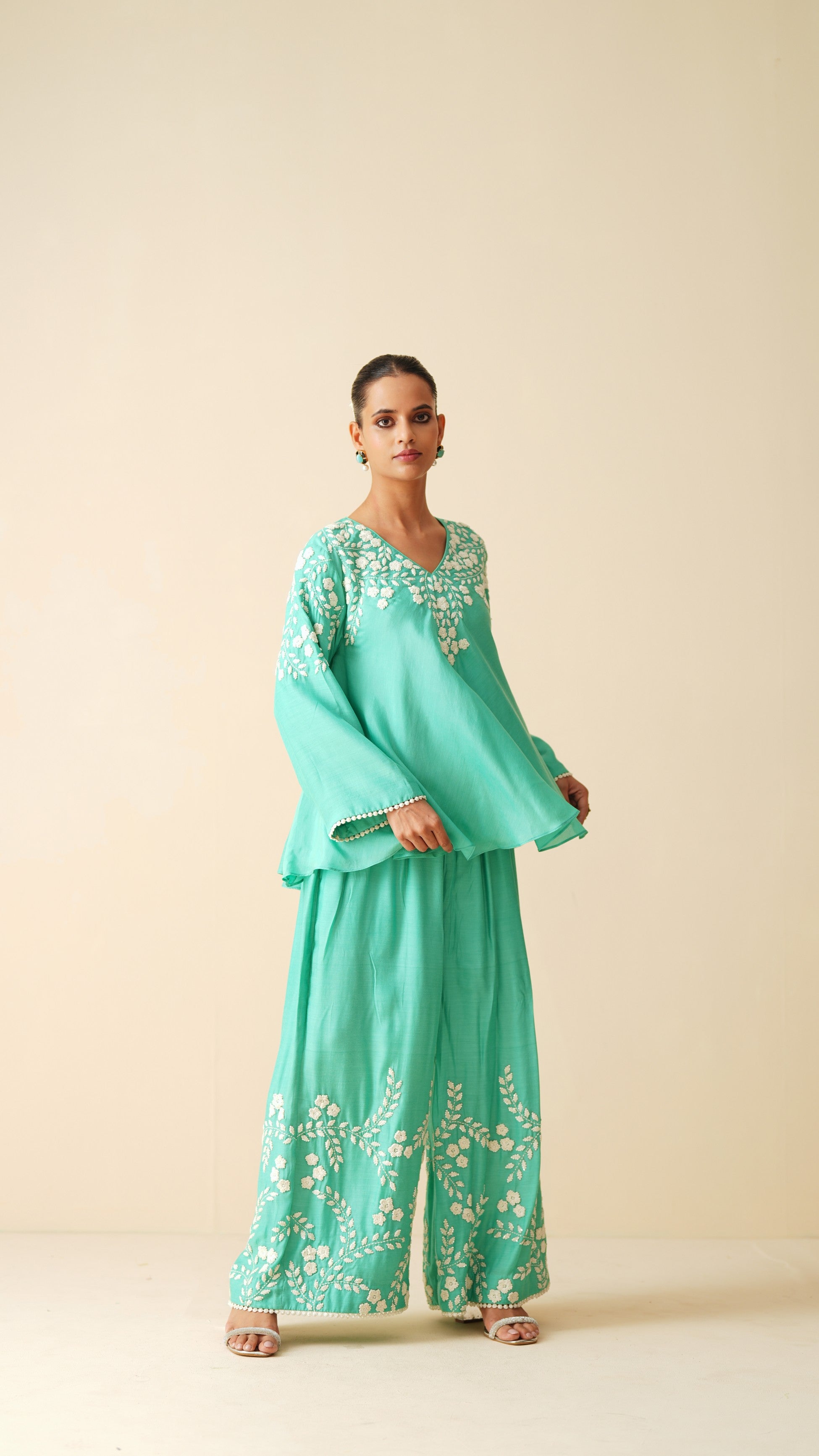 Stylish Sea Green Frock Style Cord Set for Women
