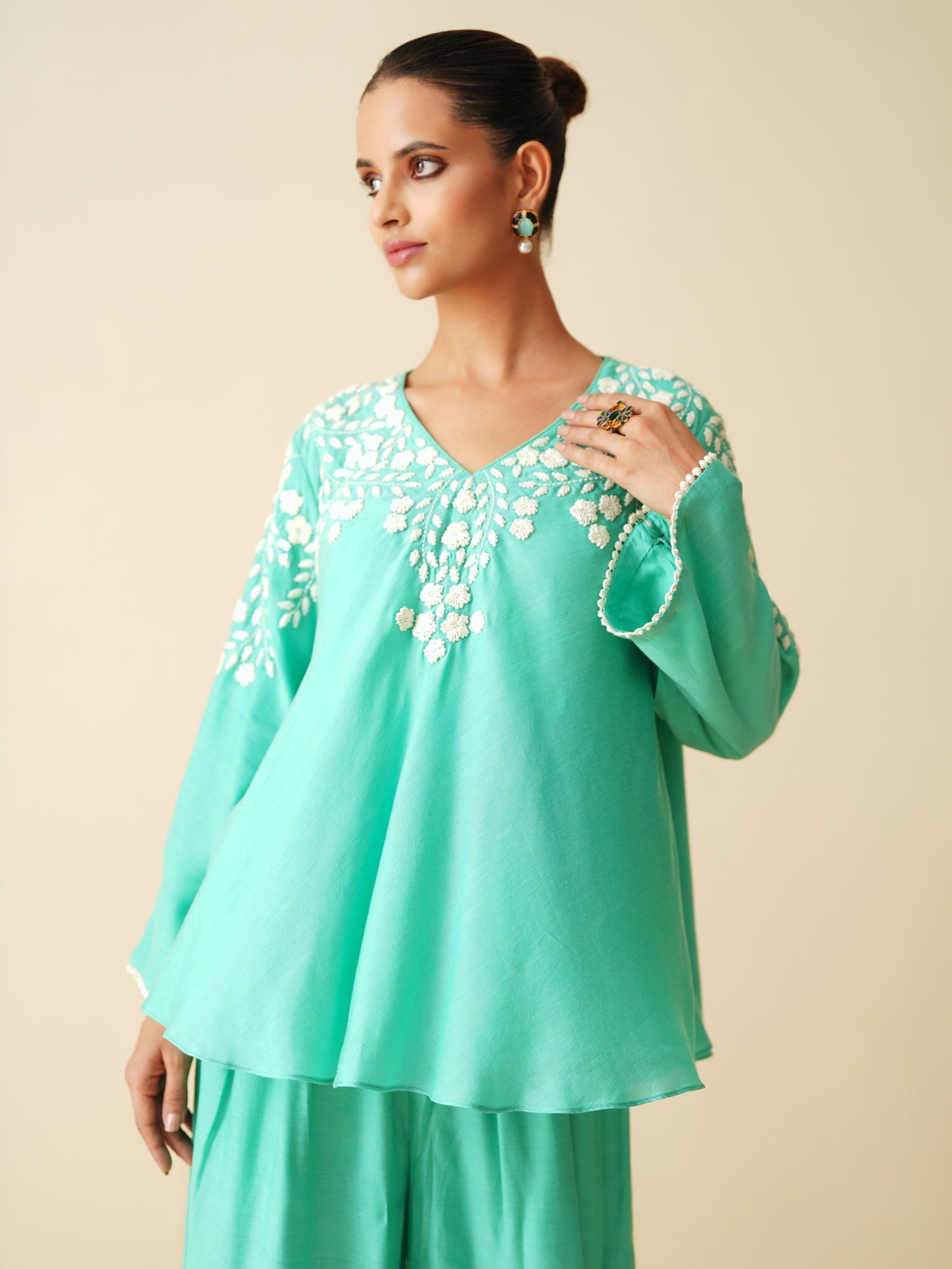 Stylish Sea Green Frock Style Cord Set for Women