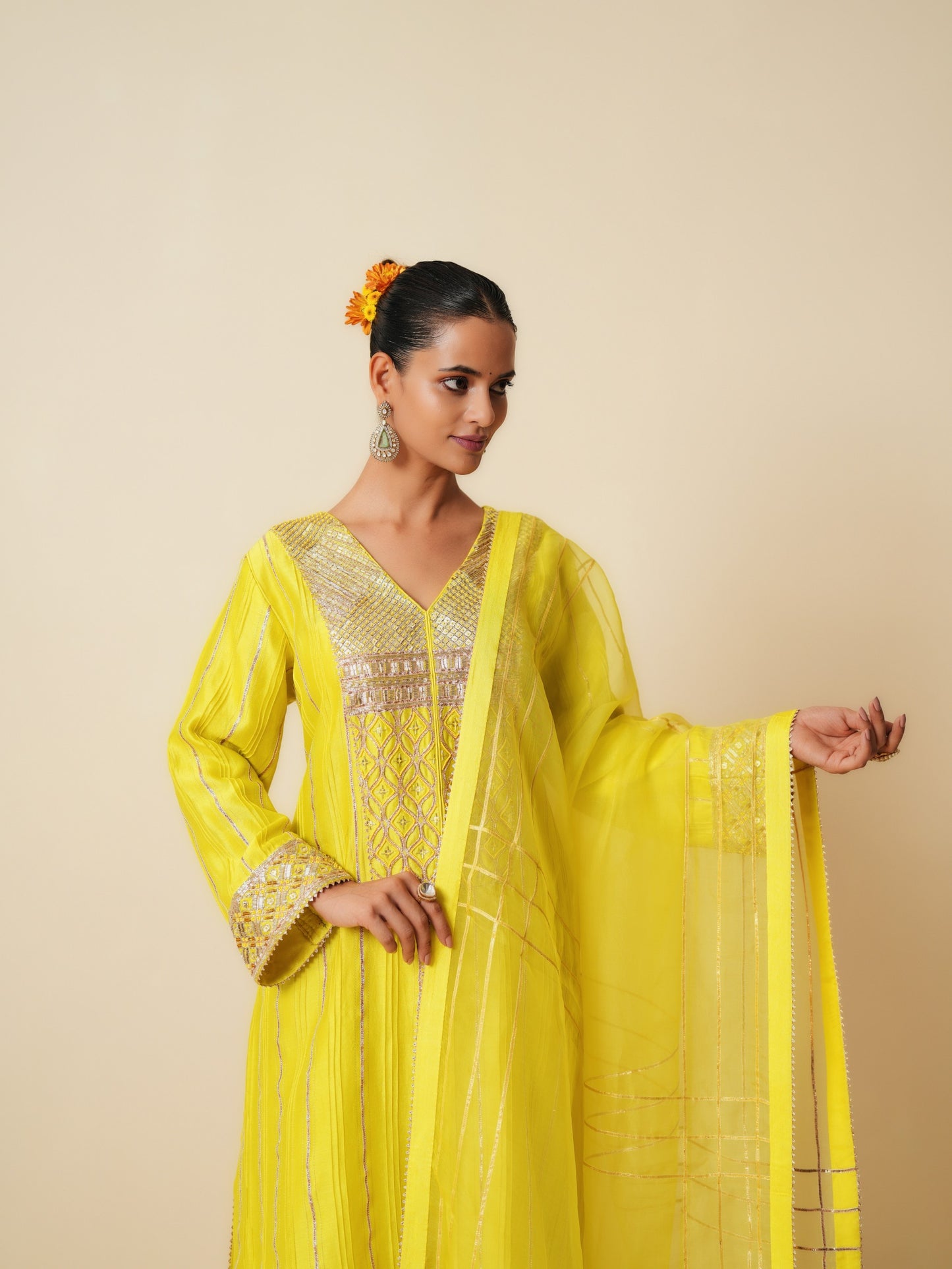 Yellow Chanderi Suit with Gota Work and Pure Organza Dupatta