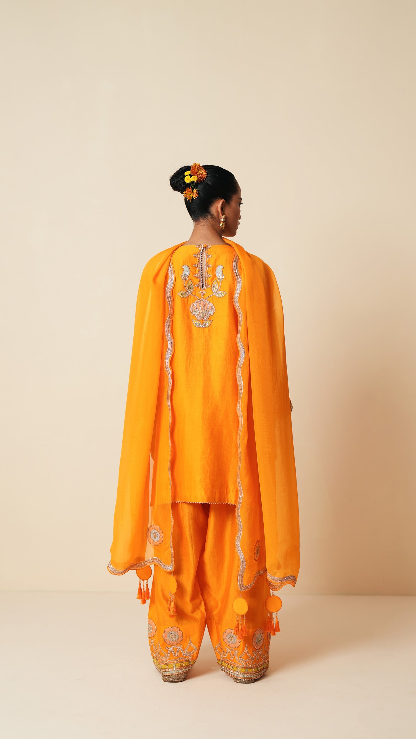 Orange Chanderi Short Suit with Farshi Salwar and Dupatta