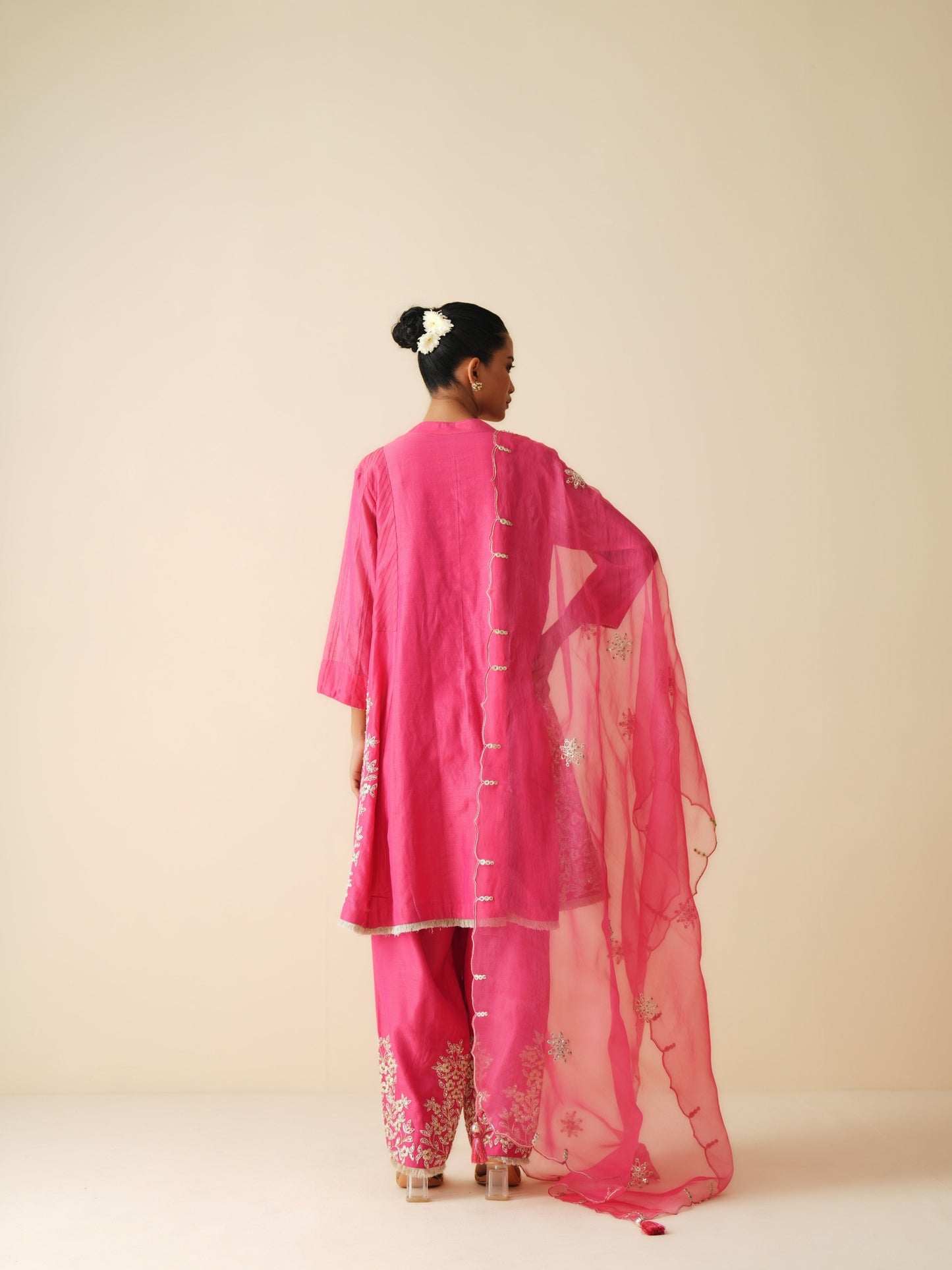 Designer Hot Pink Semi Anarkali Chanderi Silk Suit for Women