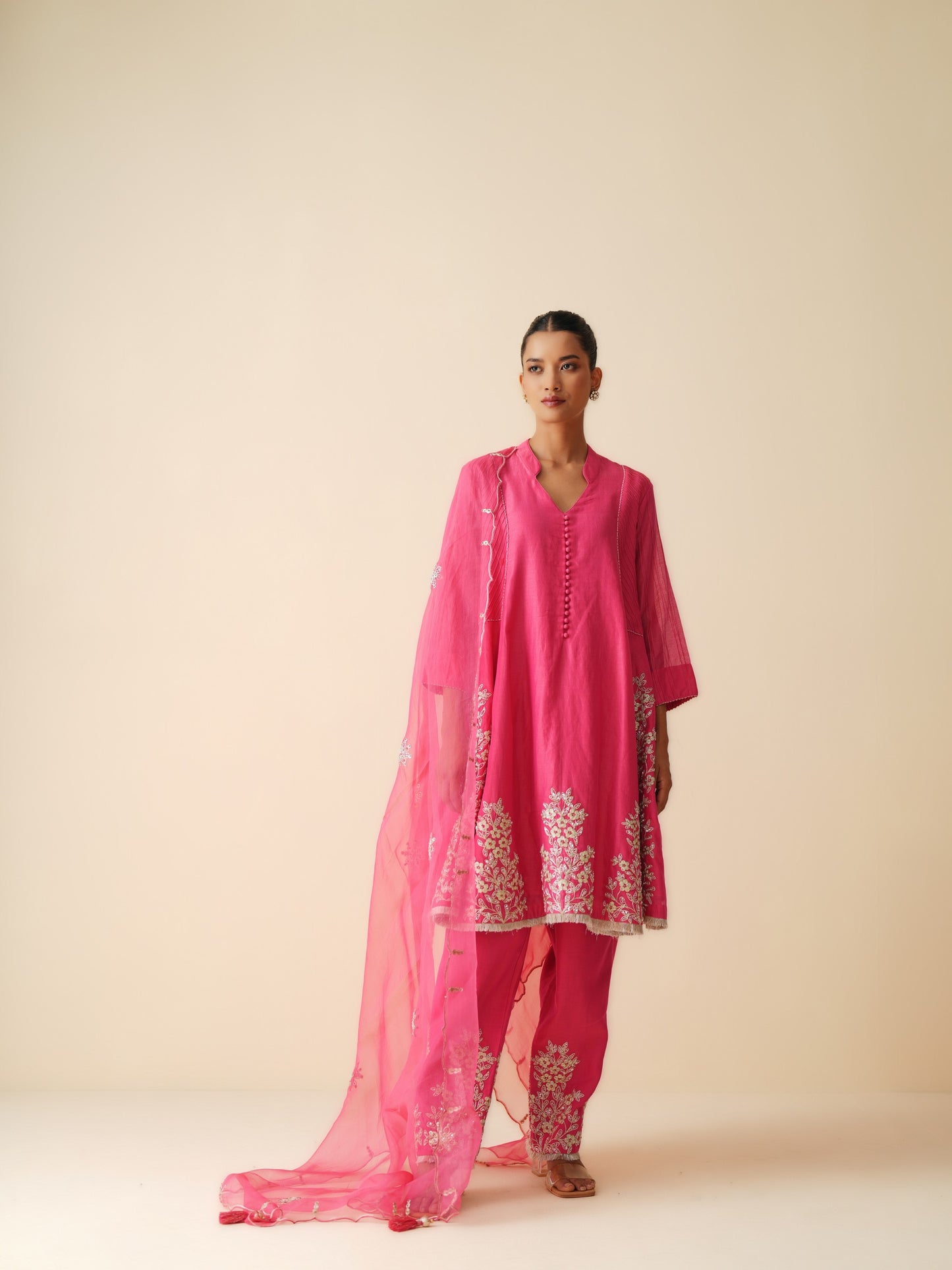 Designer Hot Pink Semi Anarkali Chanderi Silk Suit for Women