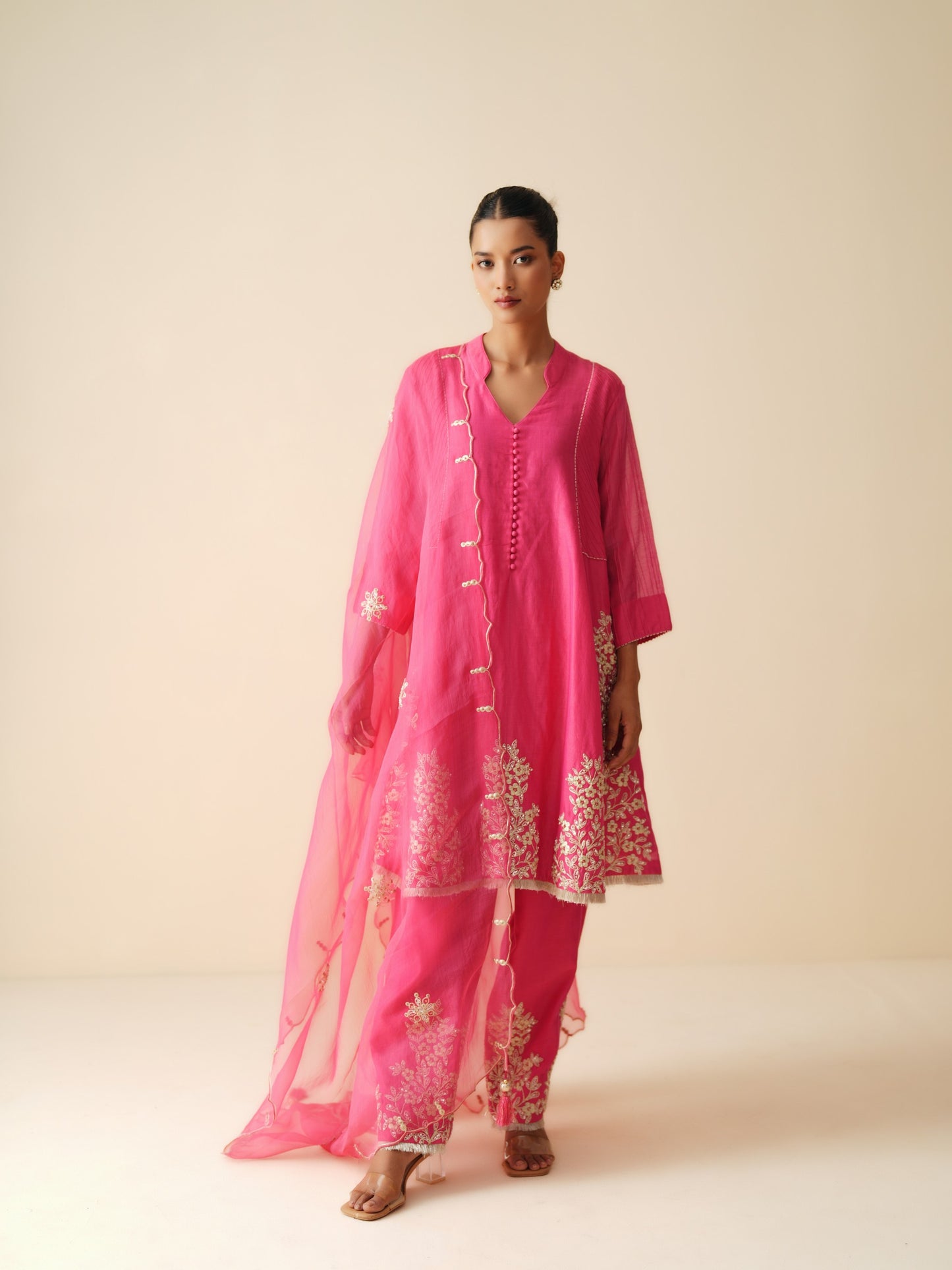 Designer Hot Pink Semi Anarkali Chanderi Silk Suit for Women