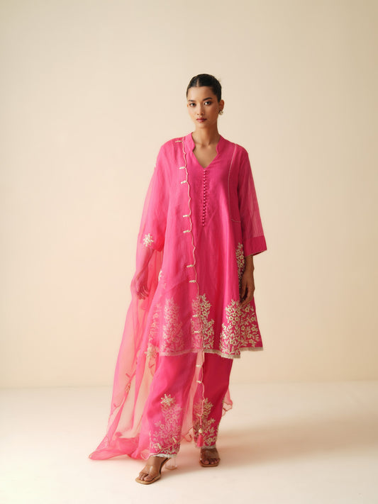 Designer Hot Pink Semi Anarkali Chanderi Silk Suit for Women