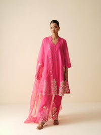 Designer Hot Pink Semi Anarkali Chanderi Silk Suit for Women