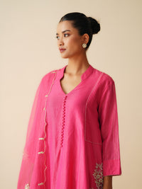 Designer Hot Pink Semi Anarkali Chanderi Silk Suit for Women