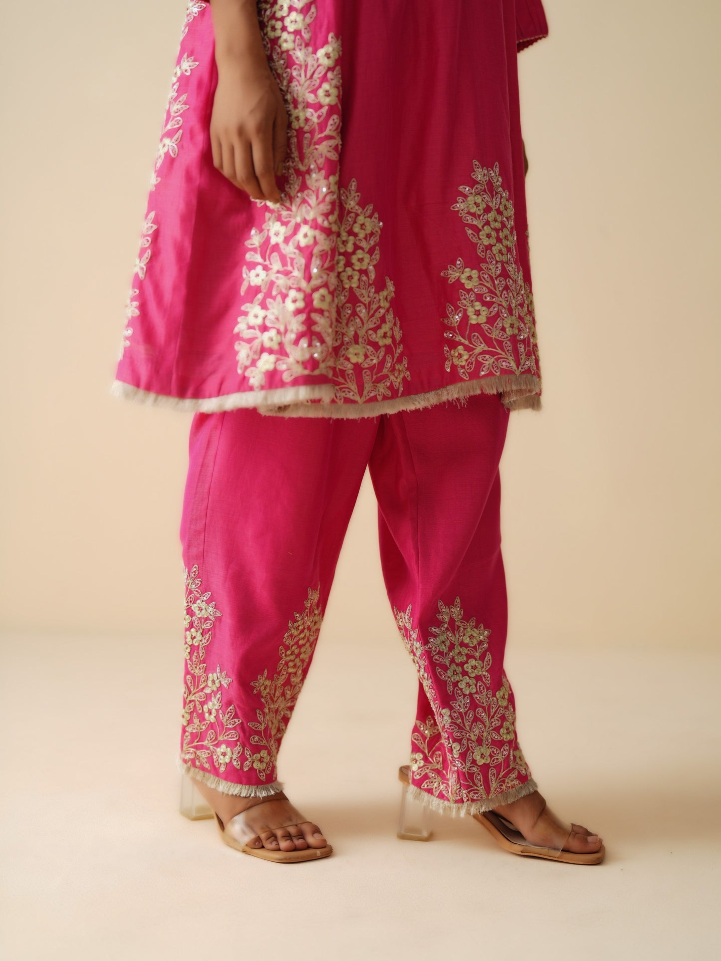 Designer Hot Pink Semi Anarkali Chanderi Silk Suit for Women