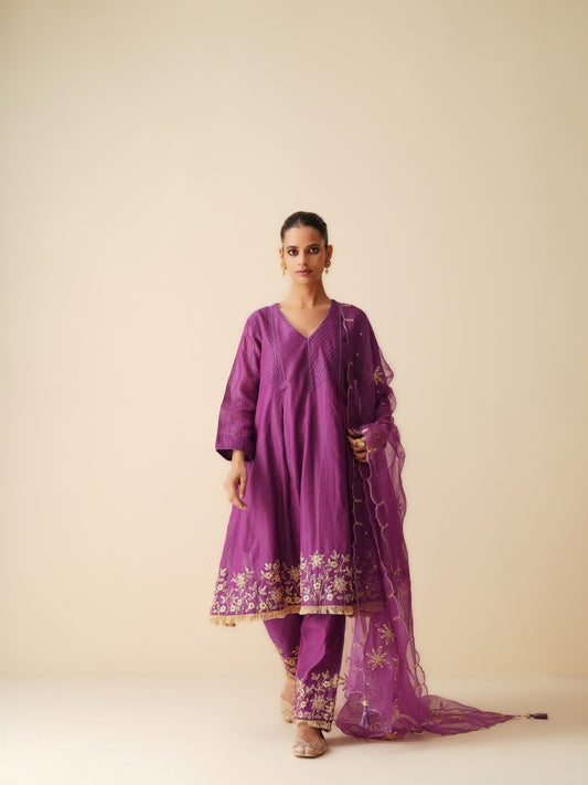 Designer Purple Chanderi Silk Anarkali Suit with Dupatta for Women