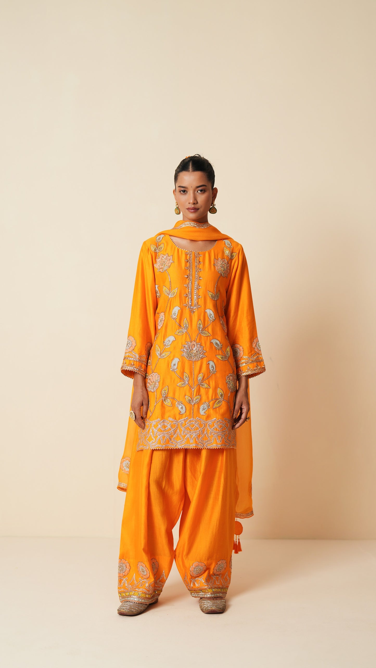 Orange Chanderi Short Suit with Farshi Salwar and Dupatta