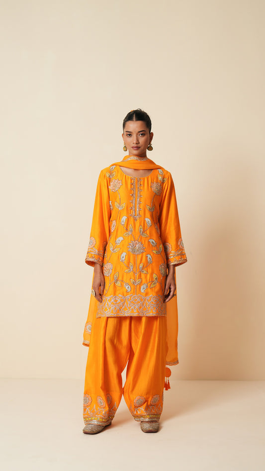 Orange Chanderi Short Suit with Farshi Salwar and Dupatta