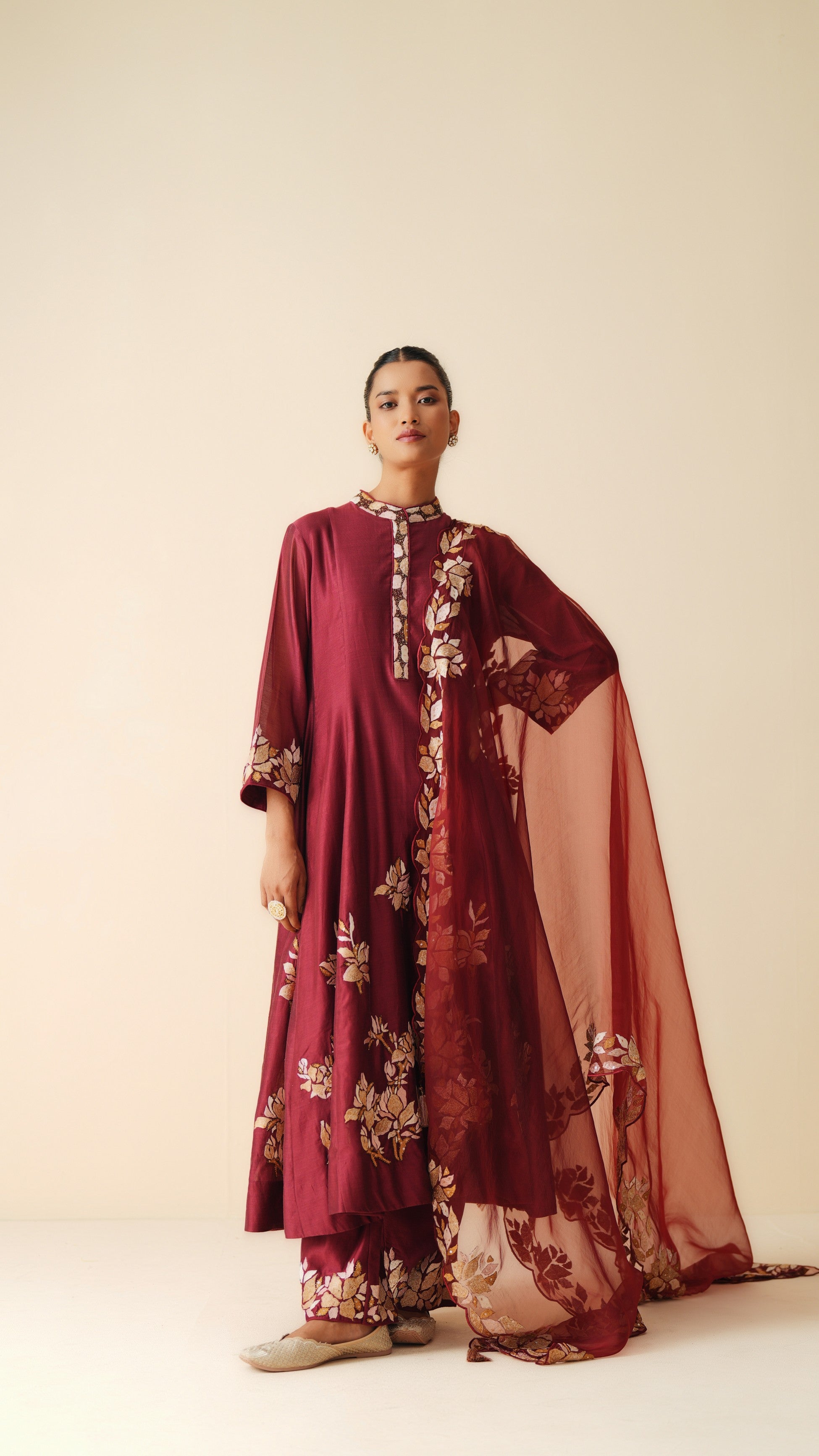 Traditional Chanderi Silk Anarkali Suit in Maroon with Dupatta