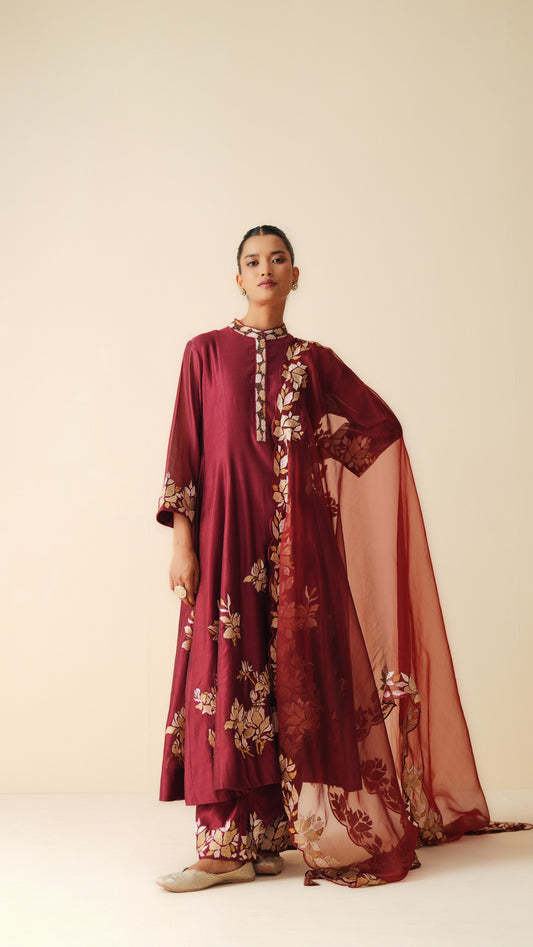Traditional Chanderi Silk Anarkali Suit in Maroon with Dupatta