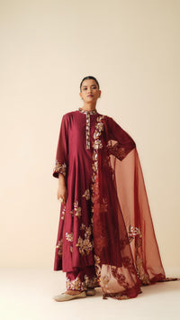 Traditional Chanderi Silk Anarkali Suit in Maroon with Dupatta