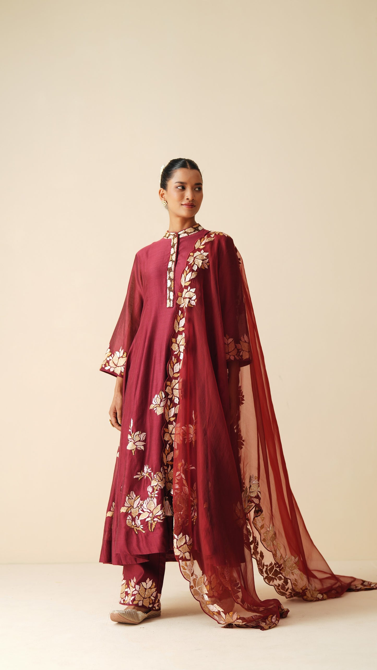 Traditional Chanderi Silk Anarkali Suit in Maroon with Dupatta