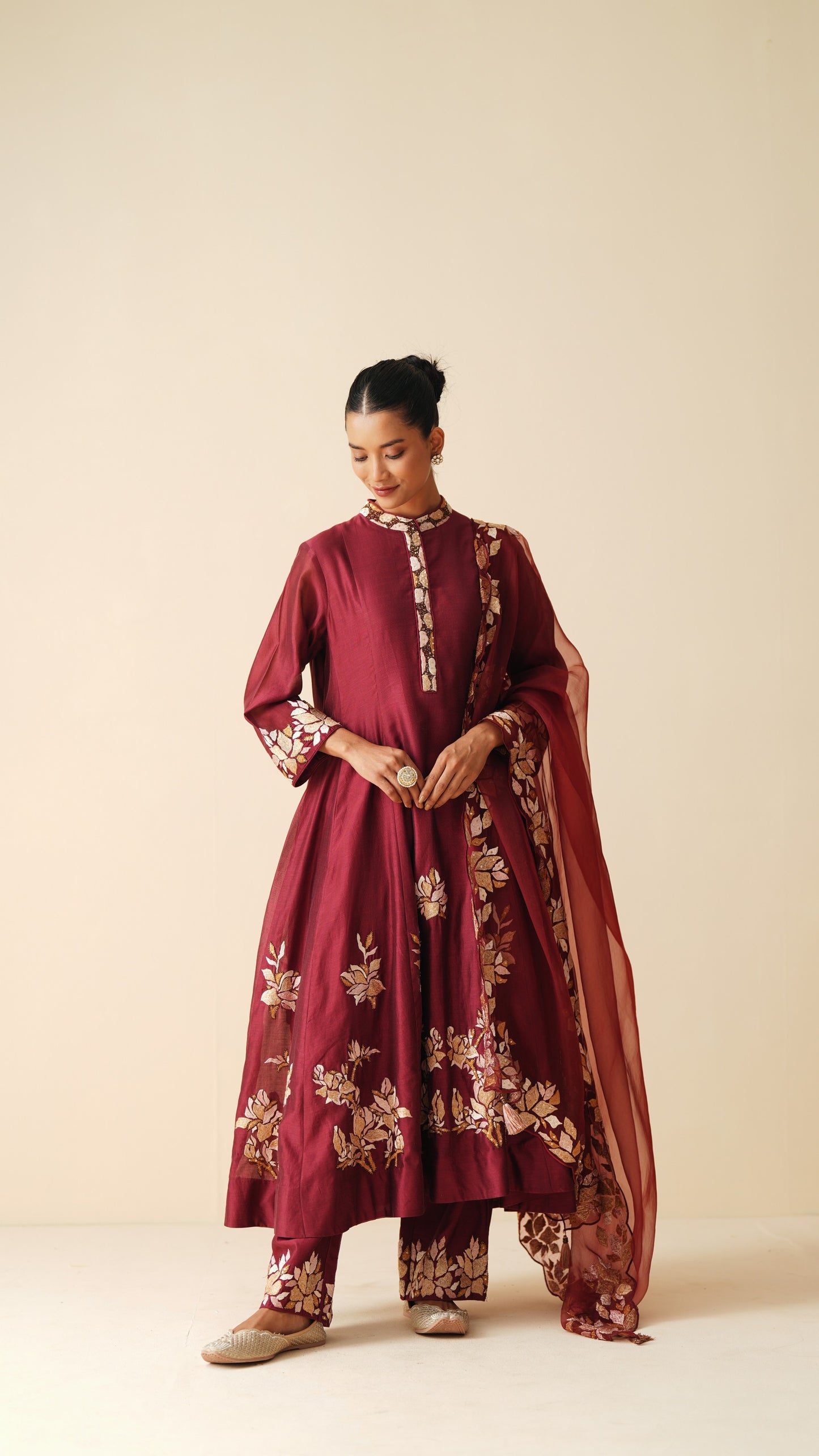 Traditional Chanderi Silk Anarkali Suit in Maroon with Dupatta