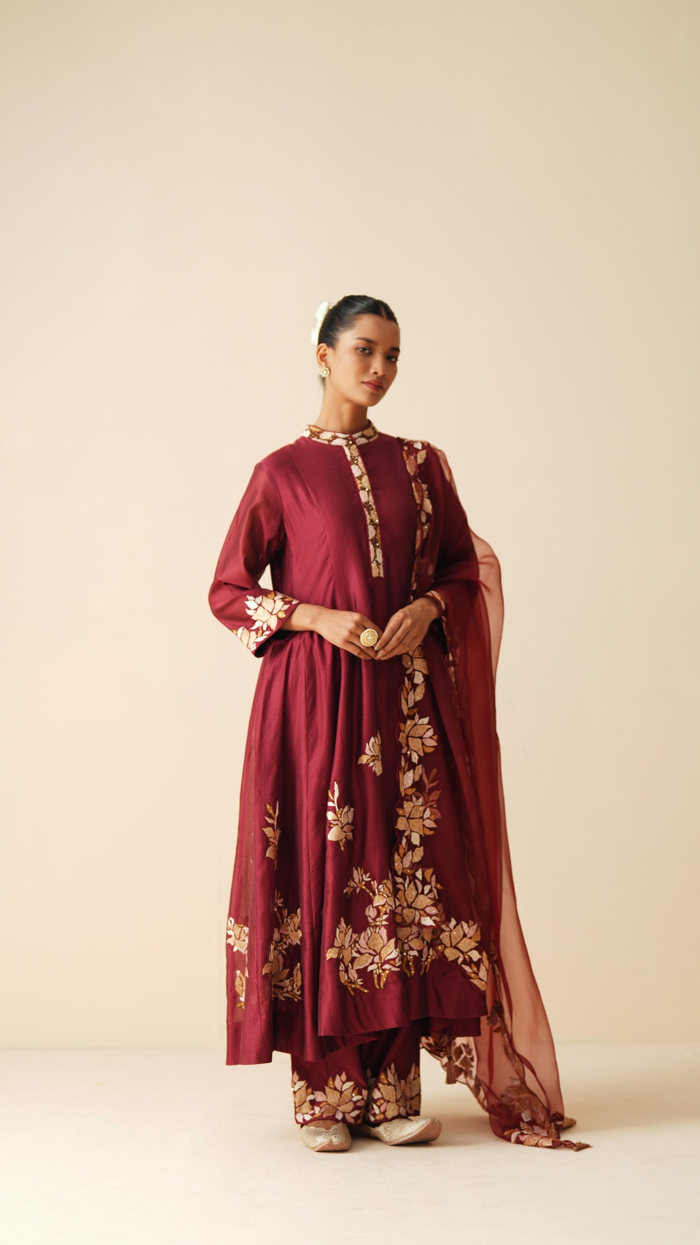 Traditional Chanderi Silk Anarkali Suit in Maroon with Dupatta