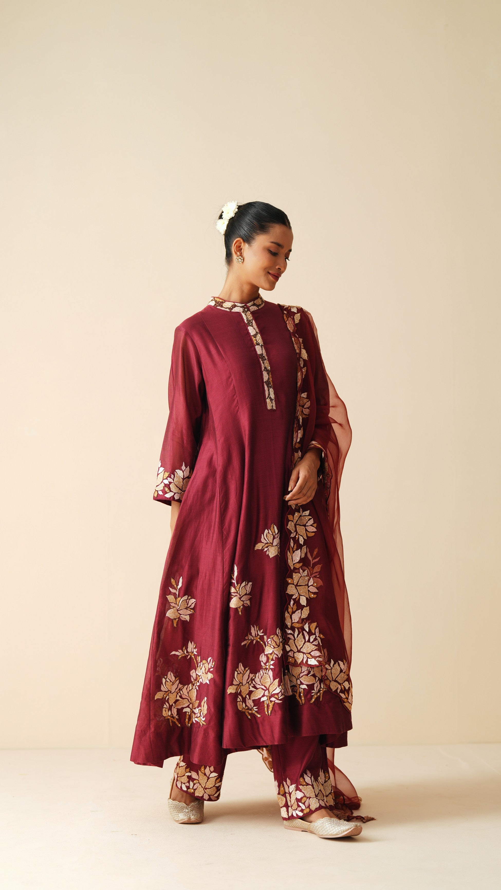 Traditional Chanderi Silk Anarkali Suit in Maroon with Dupatta