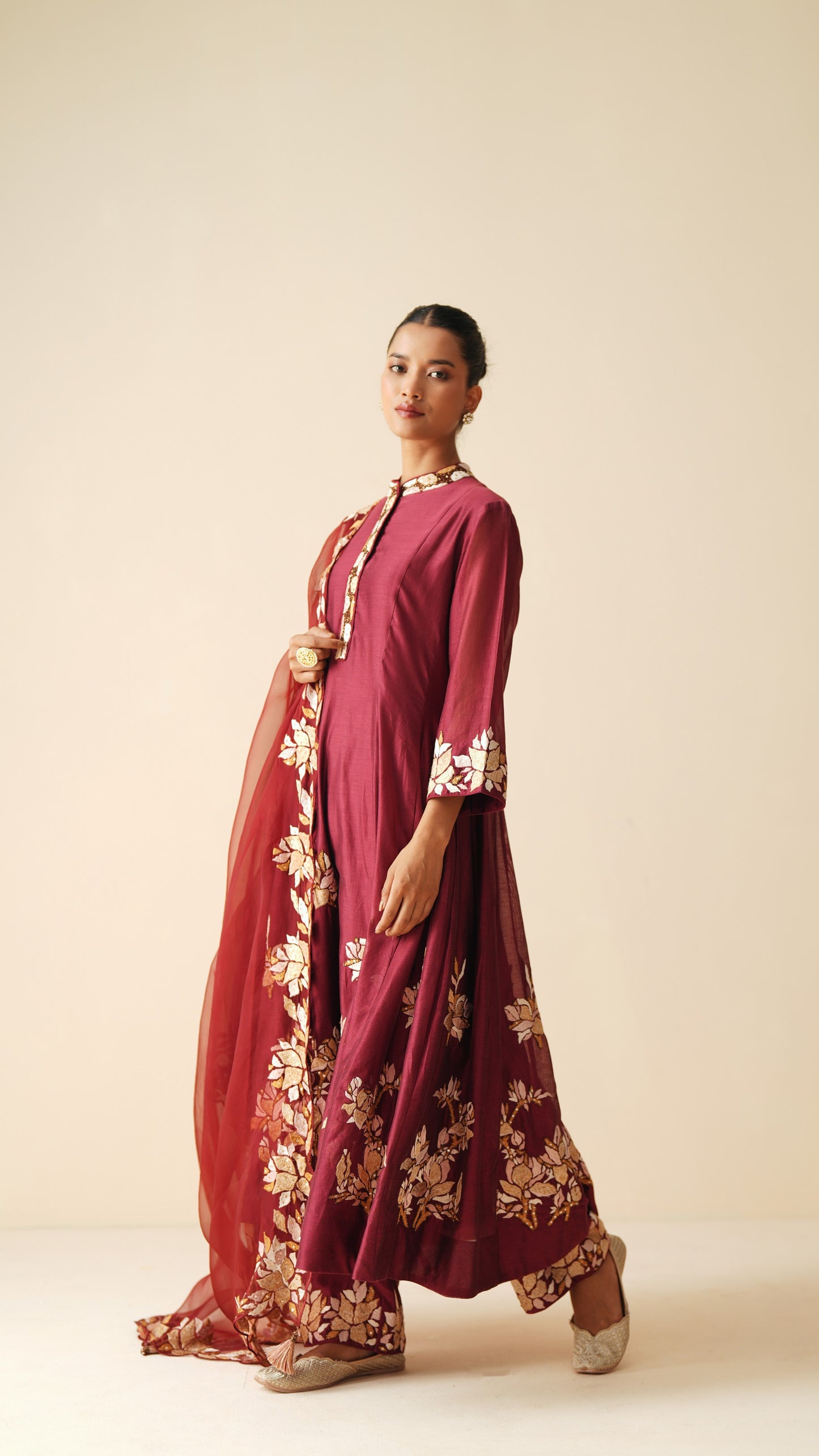 Traditional Chanderi Silk Anarkali Suit in Maroon with Dupatta